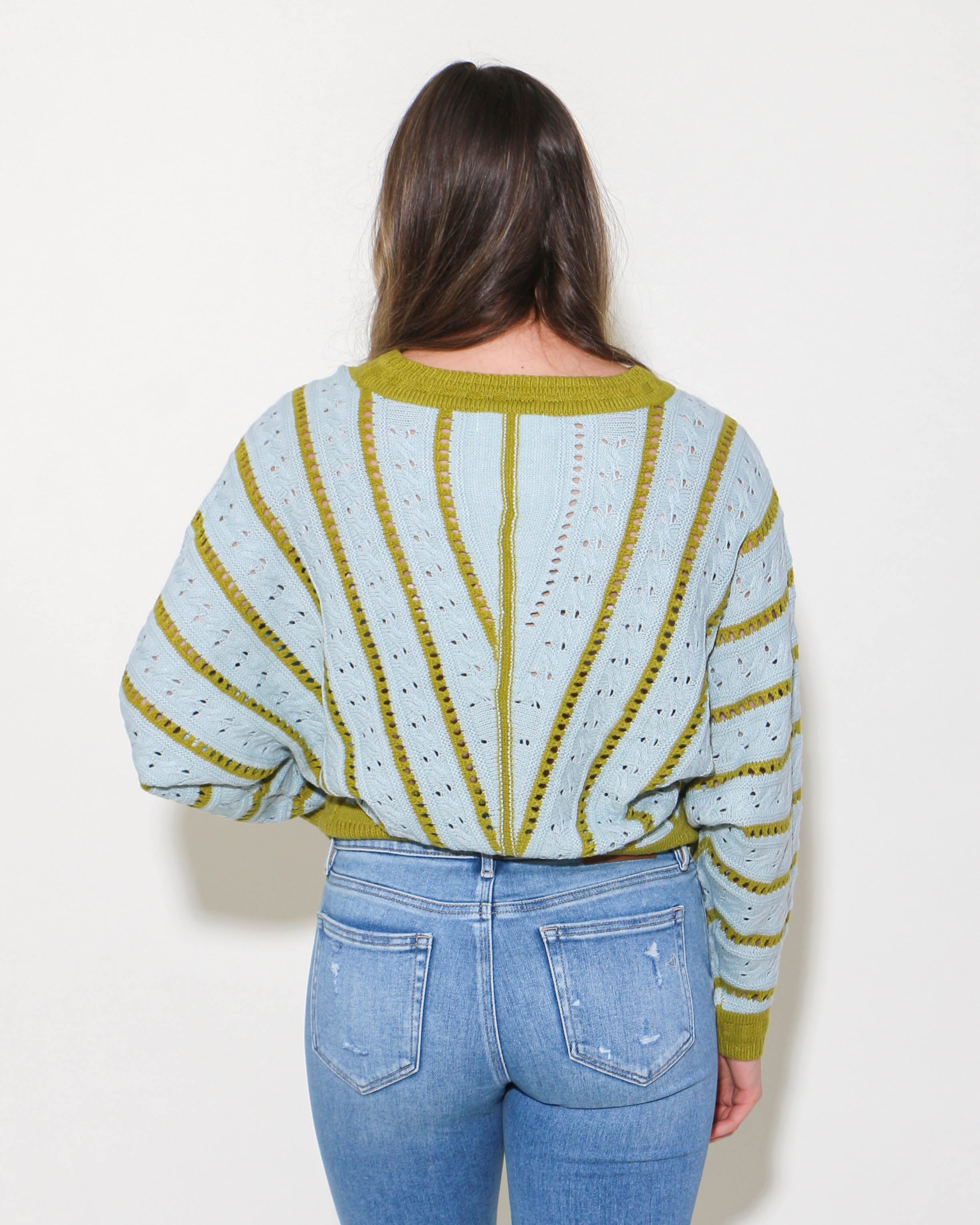 V- Striped Pointelle Light Weight Knit Sweater