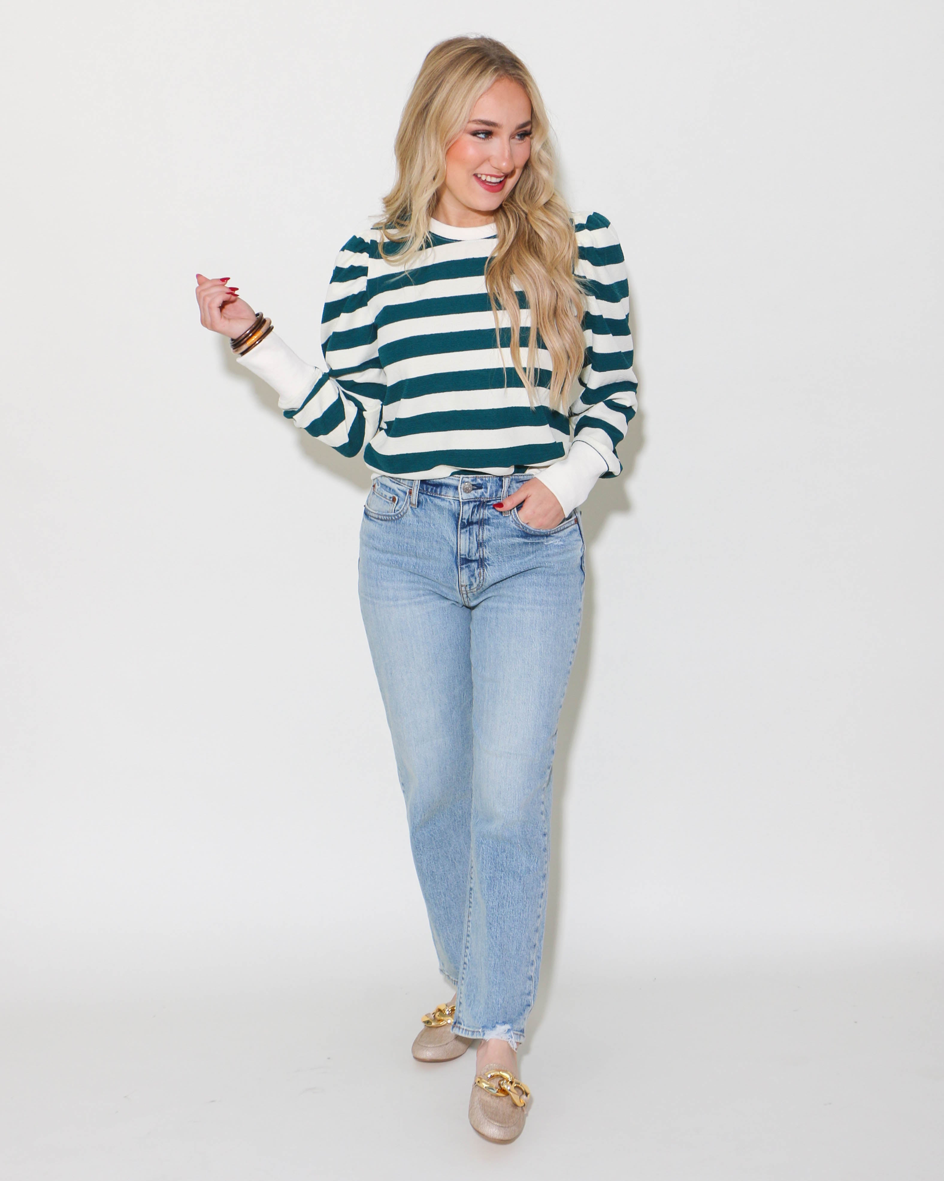 Striped Print Sweatshirt Top in Hunter Green