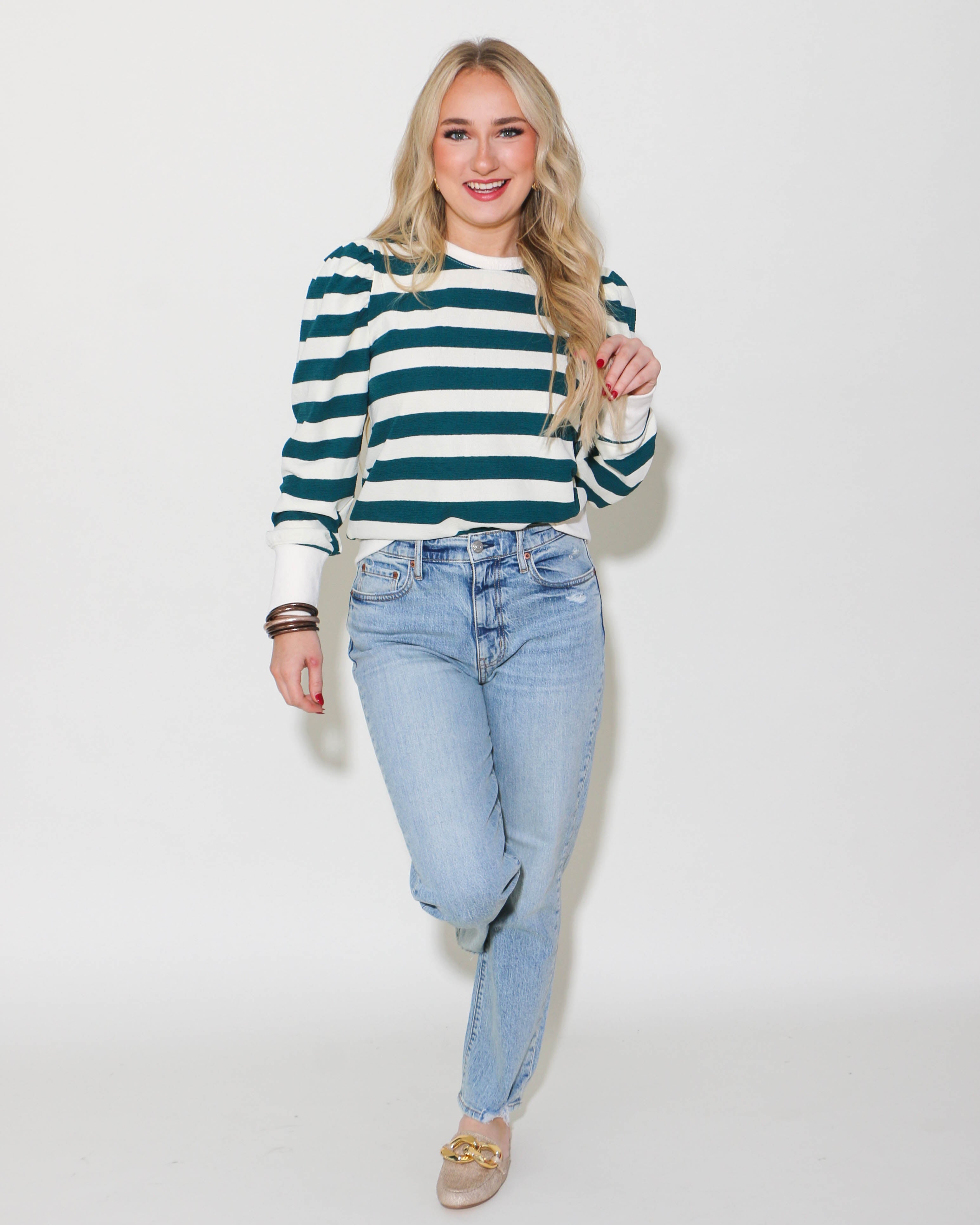 Striped Print Sweatshirt Top in Hunter Green