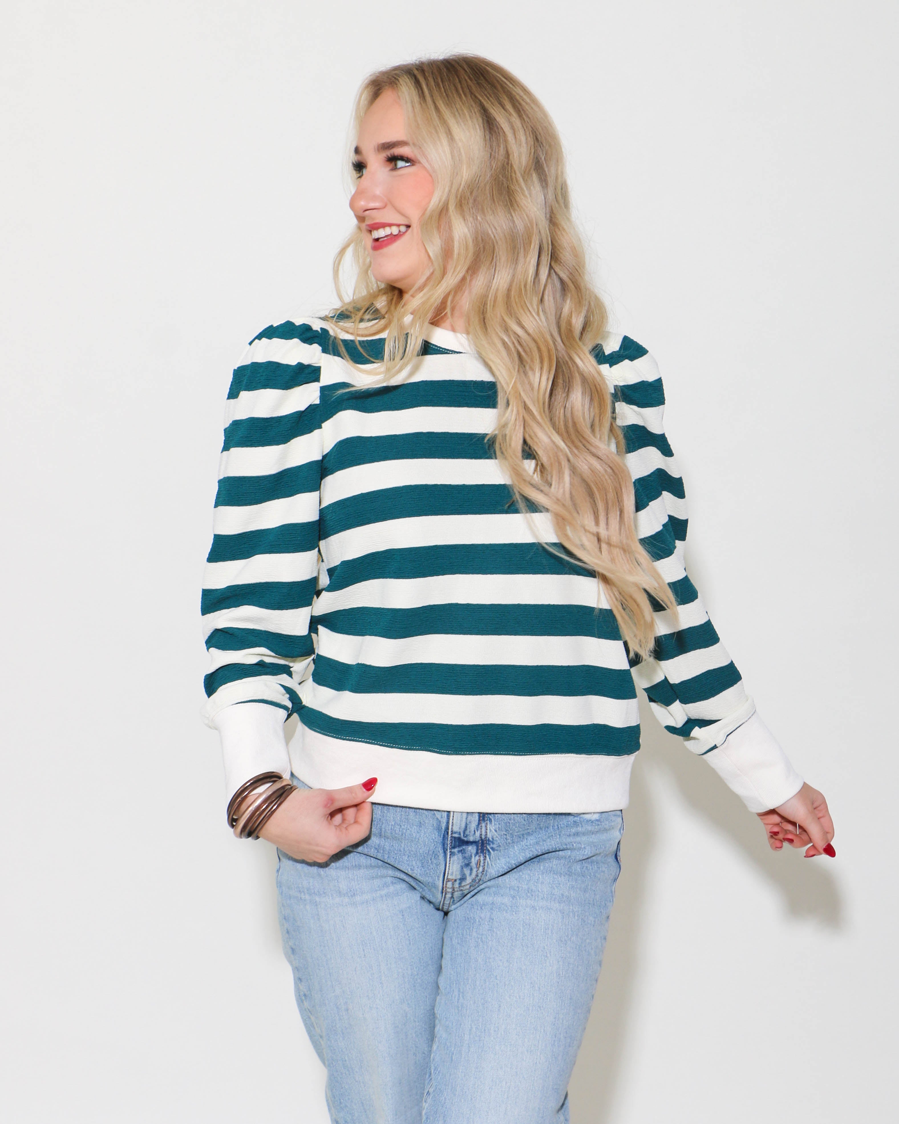 Striped Print Sweatshirt Top in Hunter Green