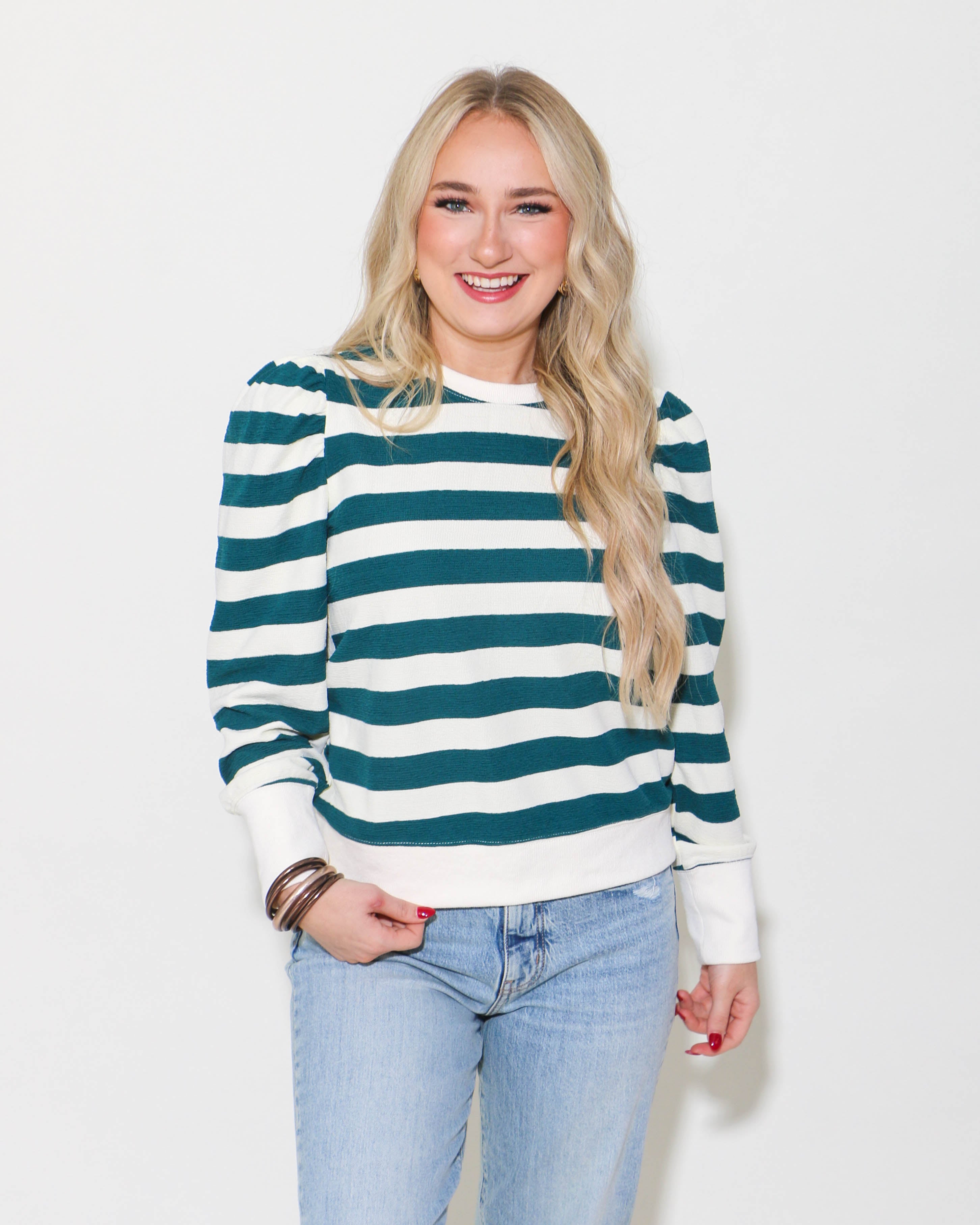 Striped Print Sweatshirt Top in Hunter Green