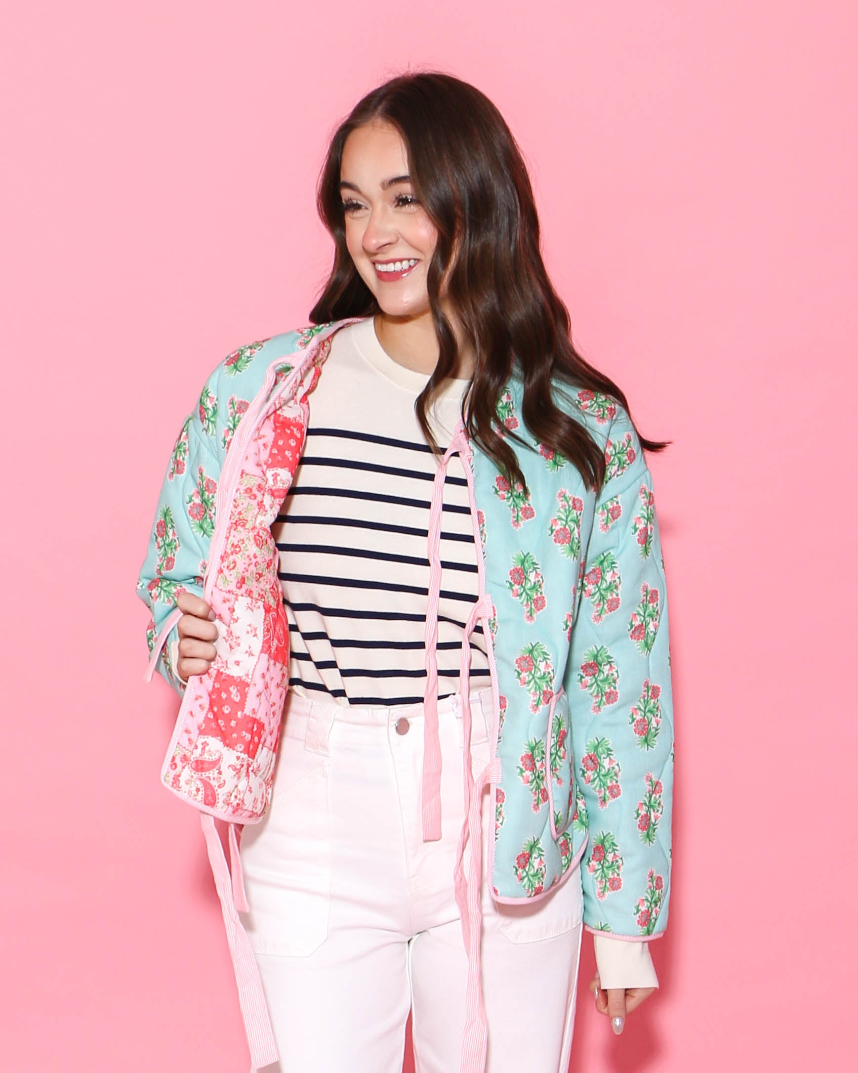 Reversible Cotton Print Quilted Jacket with Bows