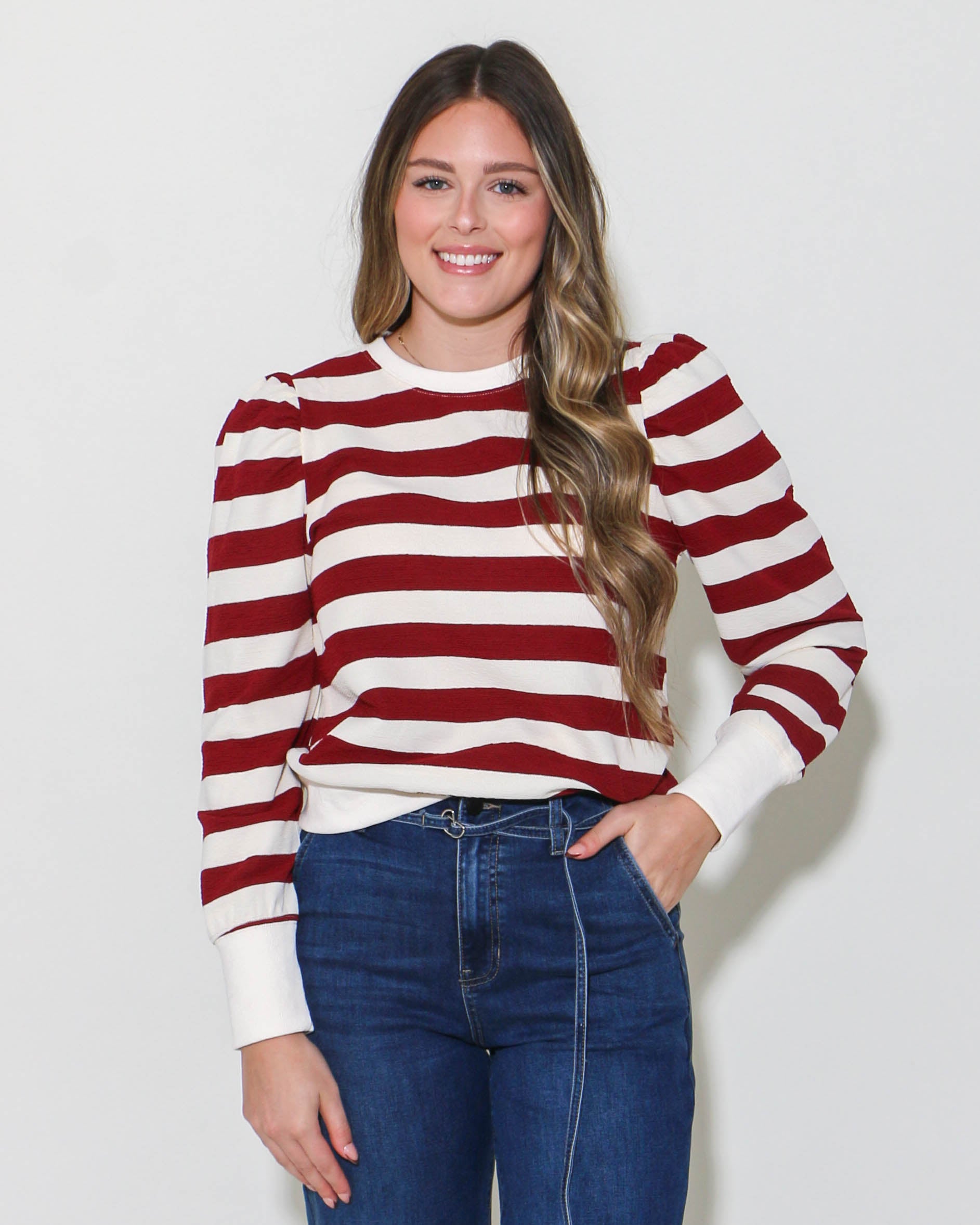 Striped Print Sweatshirt Top in Burgundy