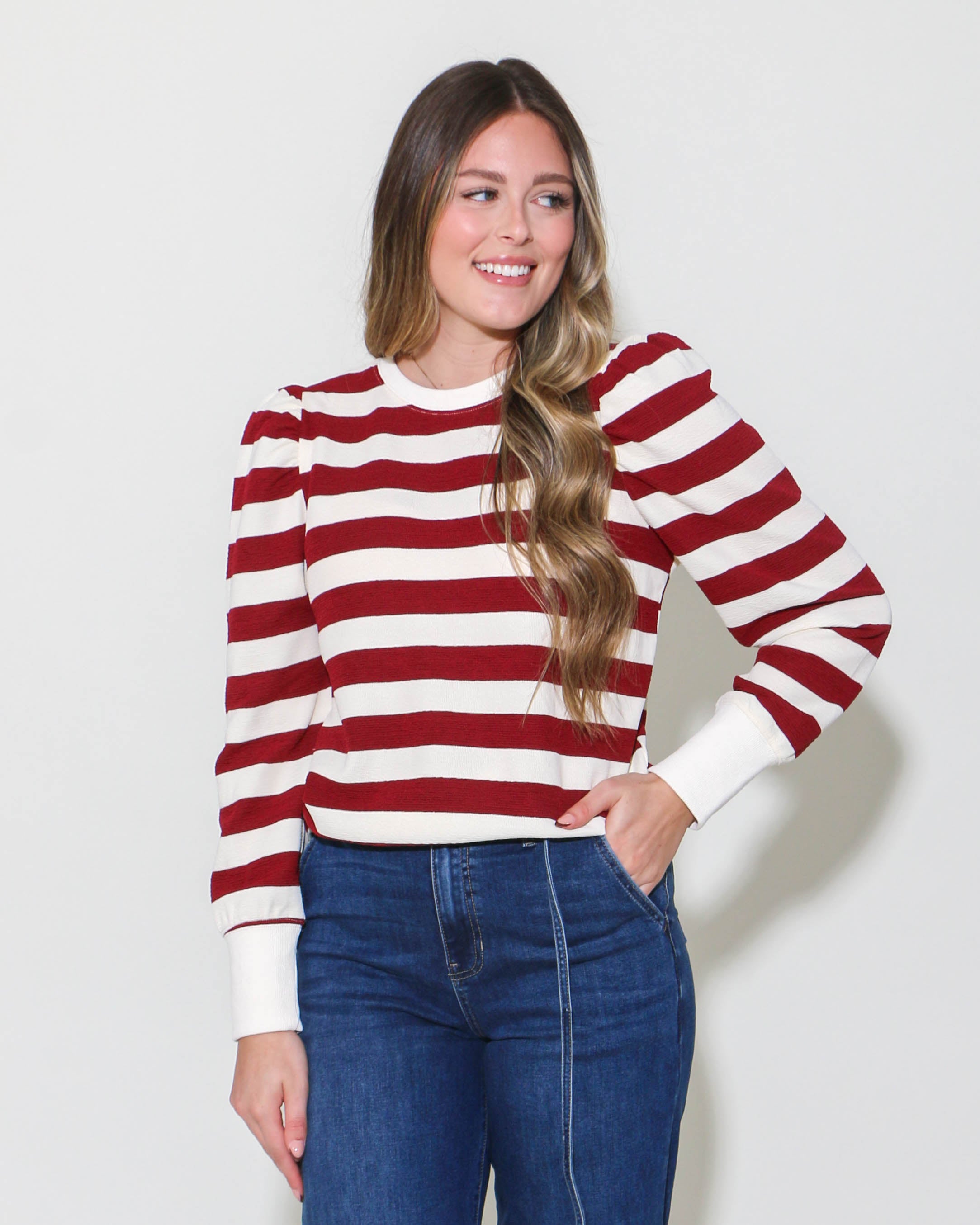 Striped Print Sweatshirt Top in Burgundy