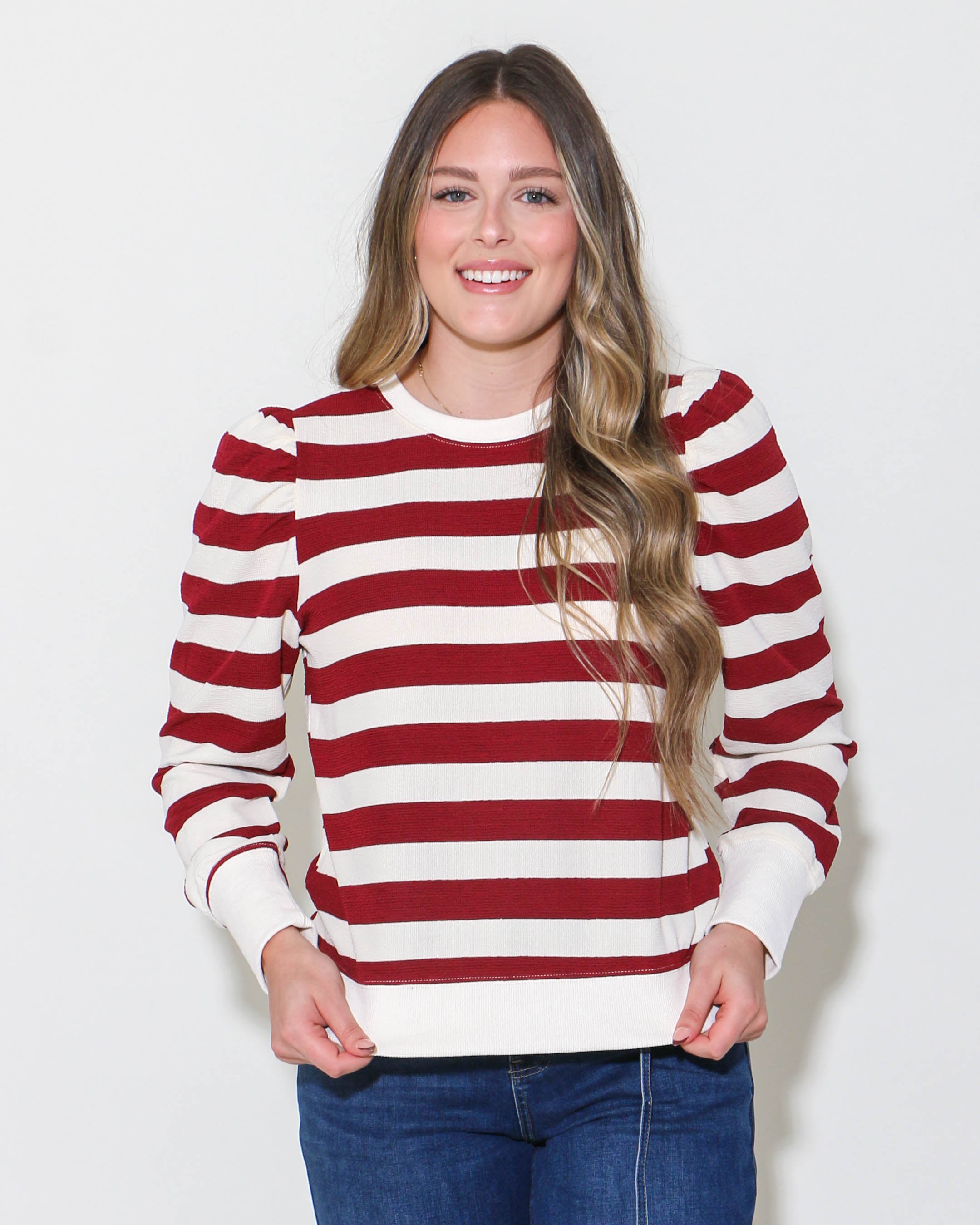 Striped Print Sweatshirt Top in Burgundy