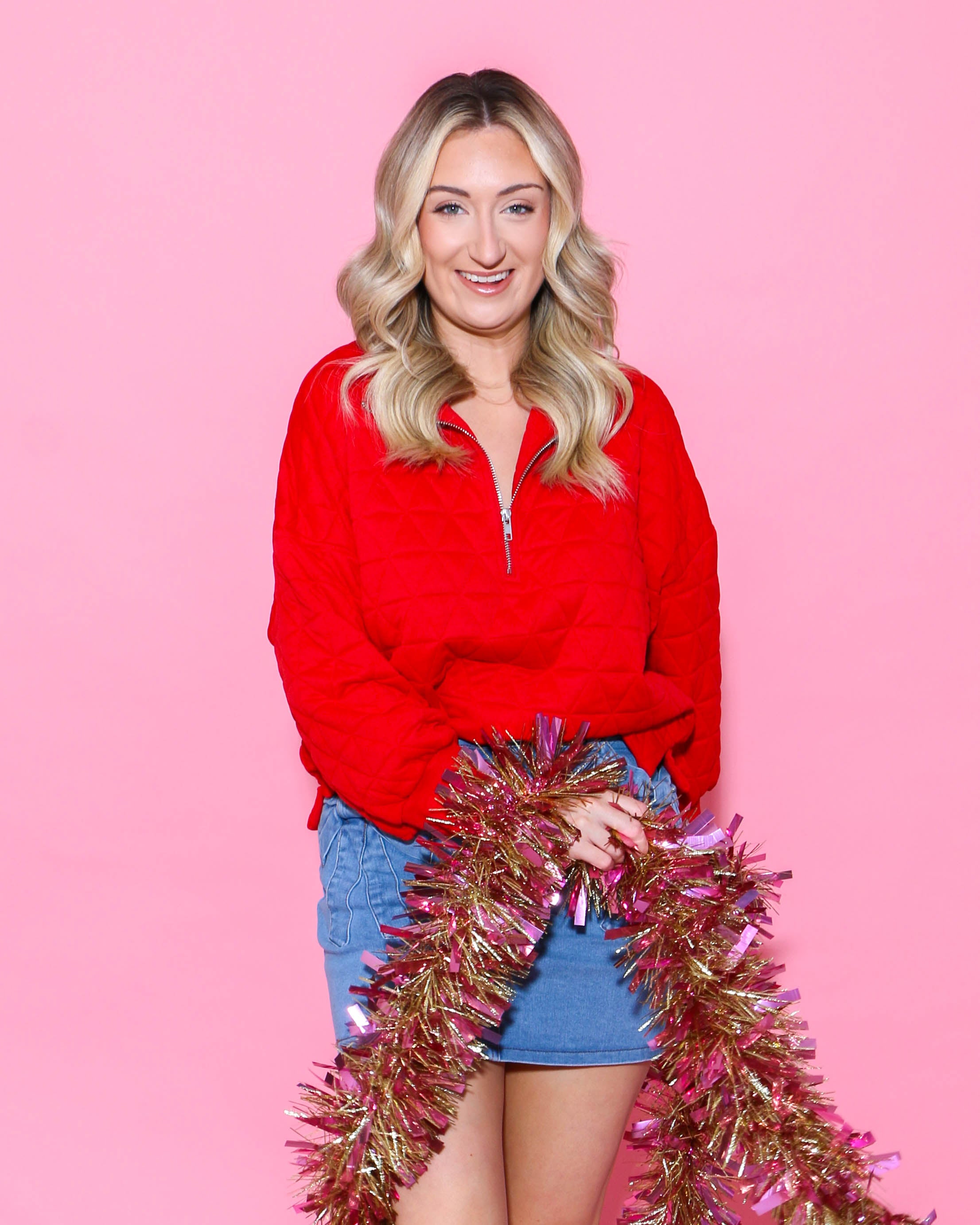 Textured Half Zip-Up Pullover in Red