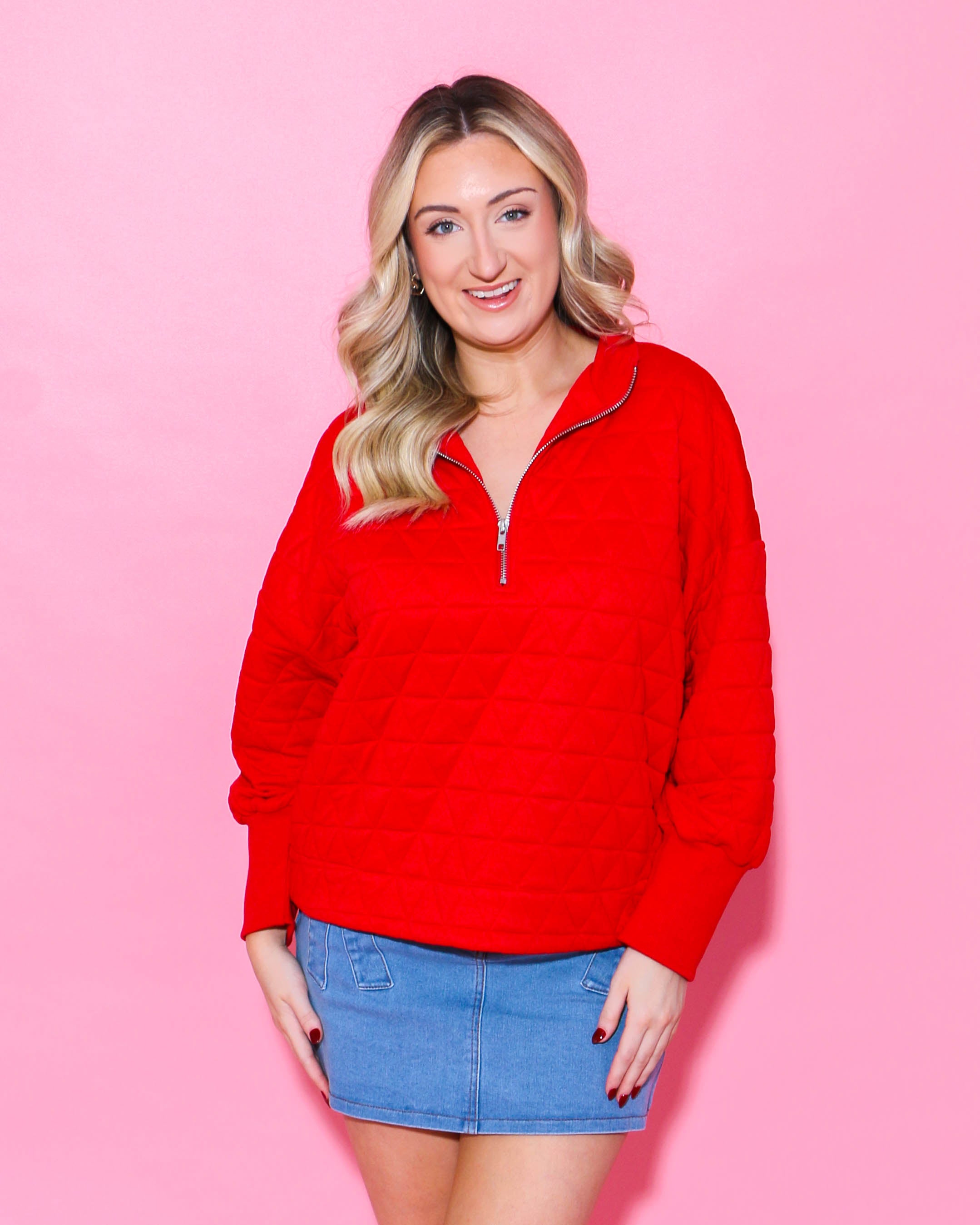 Textured Half Zip-Up Pullover in Red