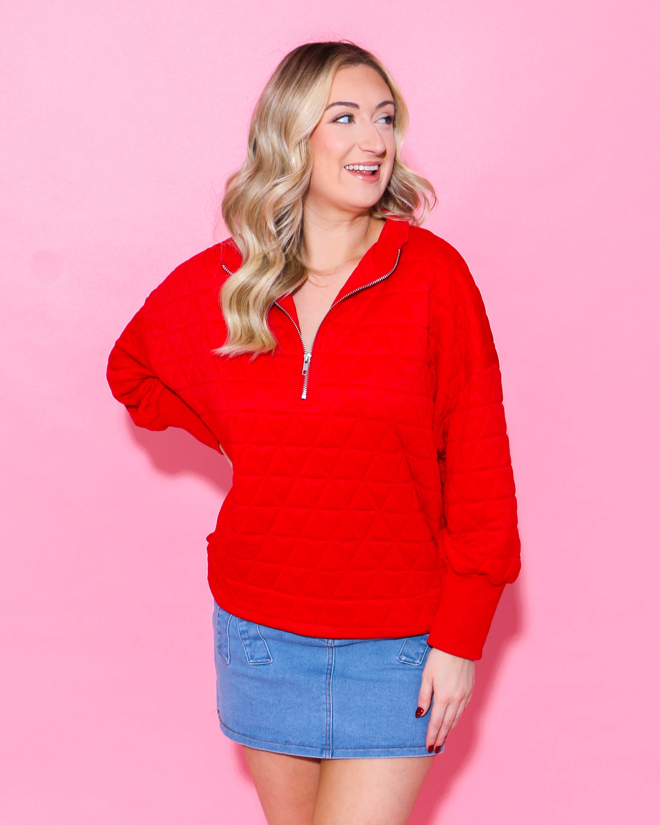 Textured Half Zip-Up Pullover in Red