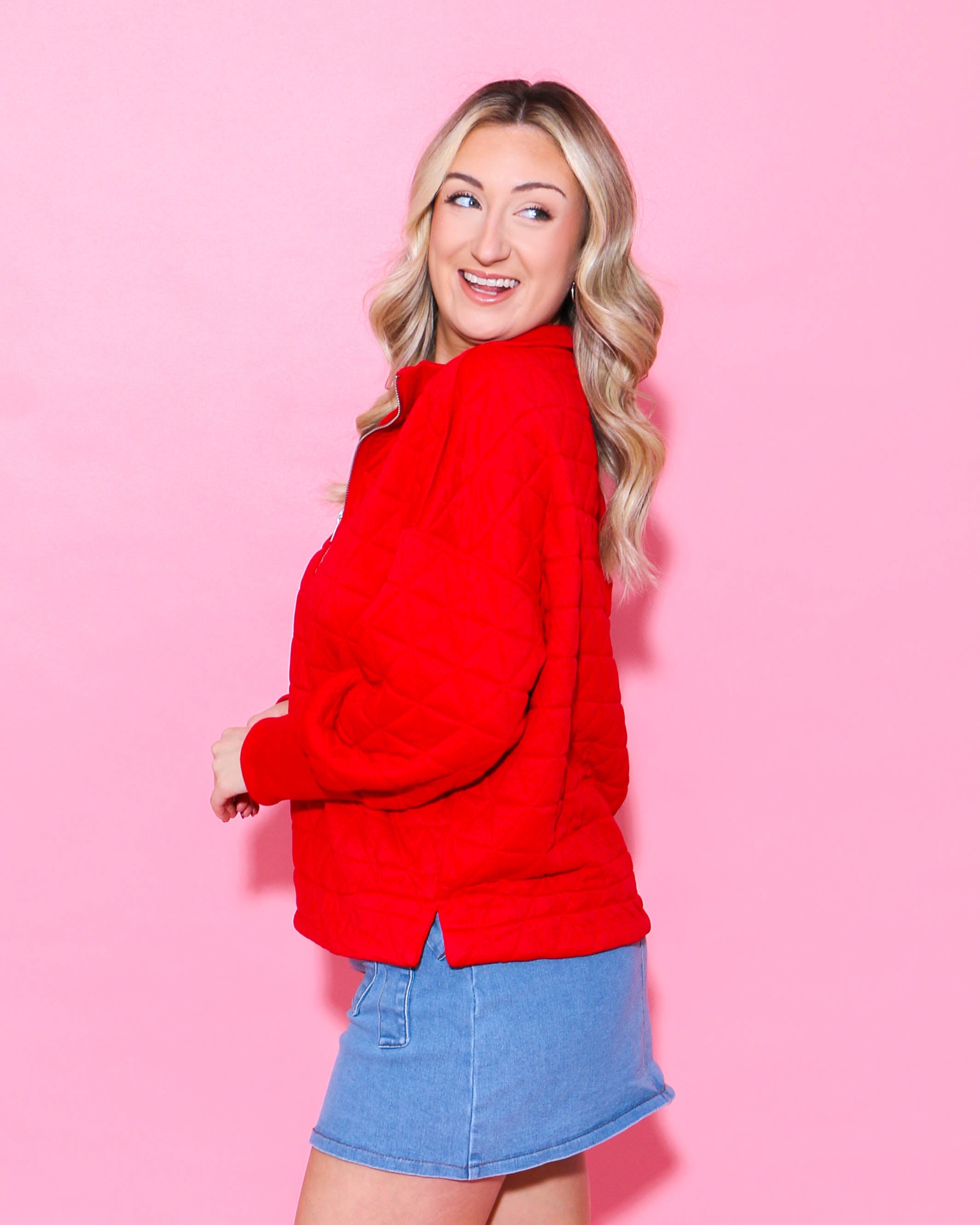 Textured Half Zip-Up Pullover in Red