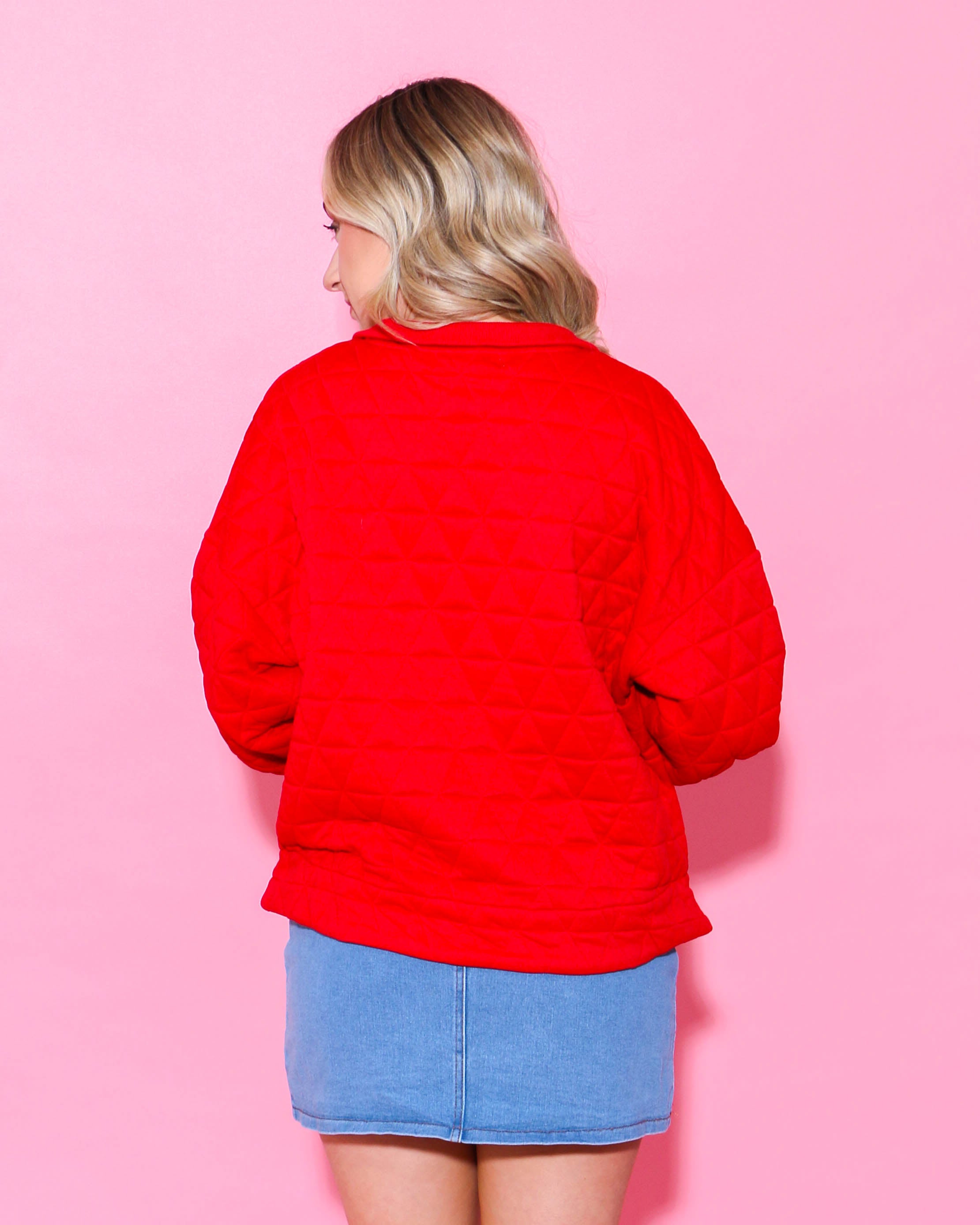 Textured Half Zip-Up Pullover in Red