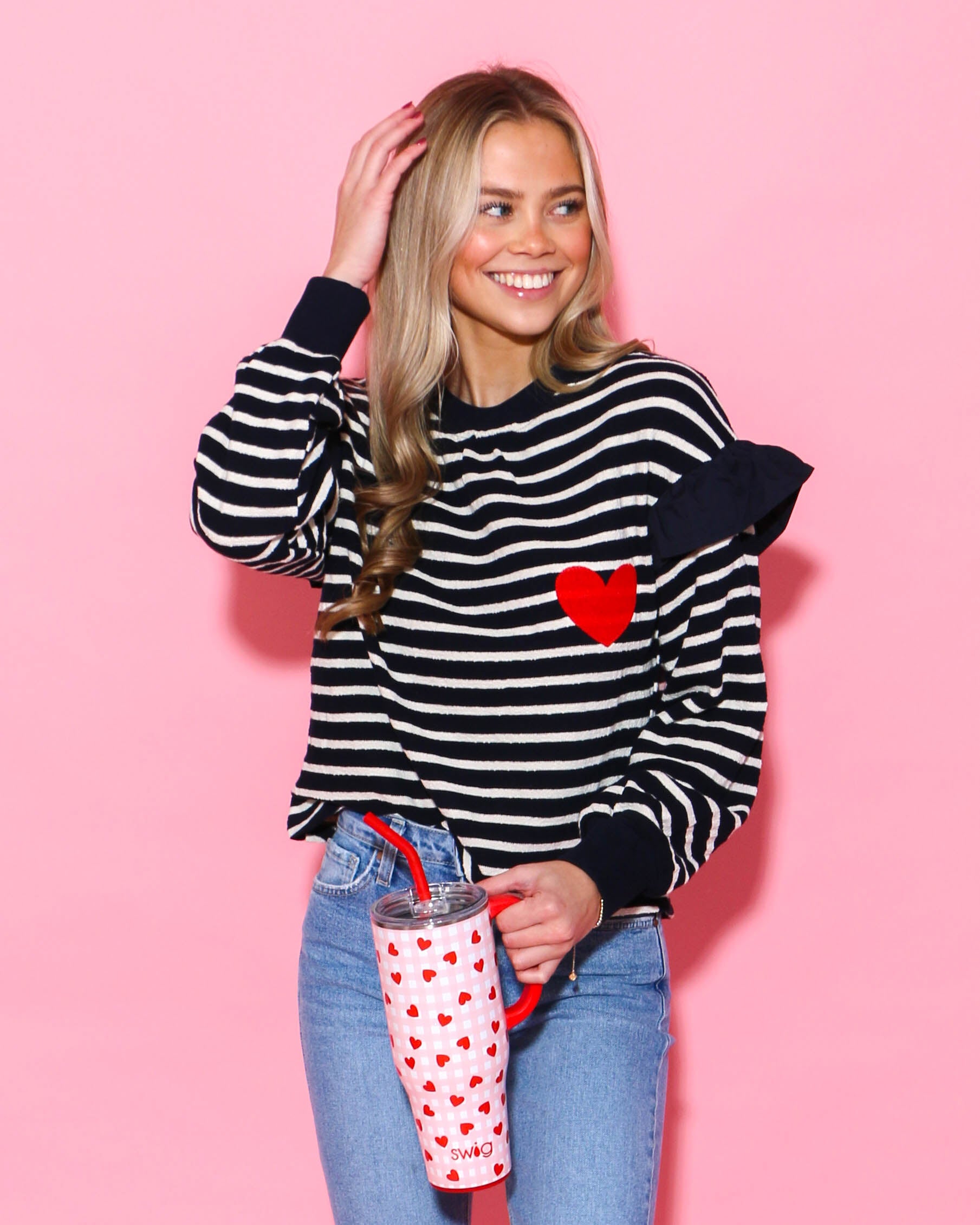 Striped Heart Detail Crewneck Top