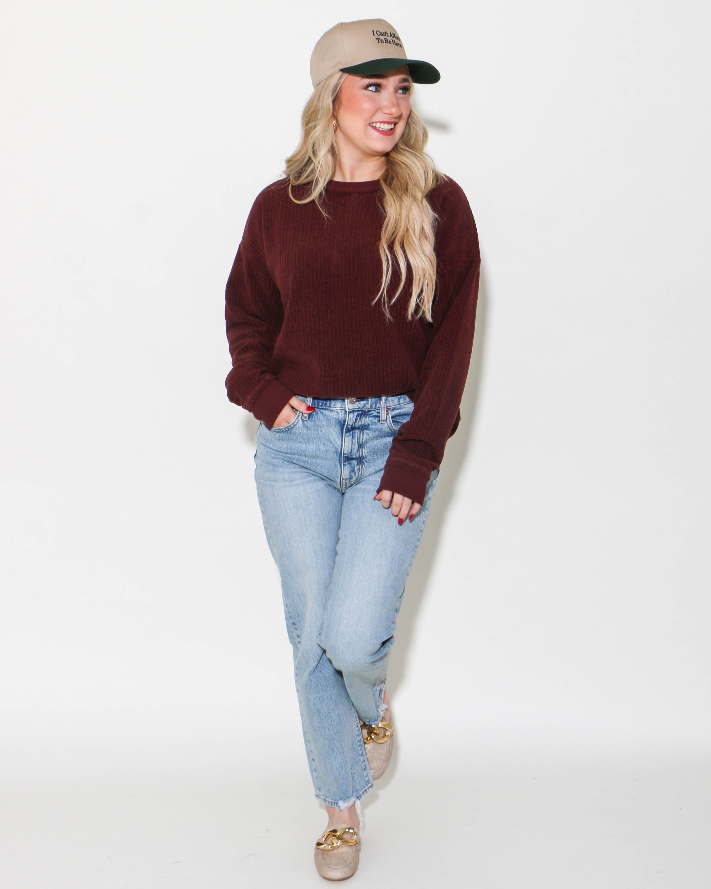 Oversized Soft Textured Knit Top in Maroon