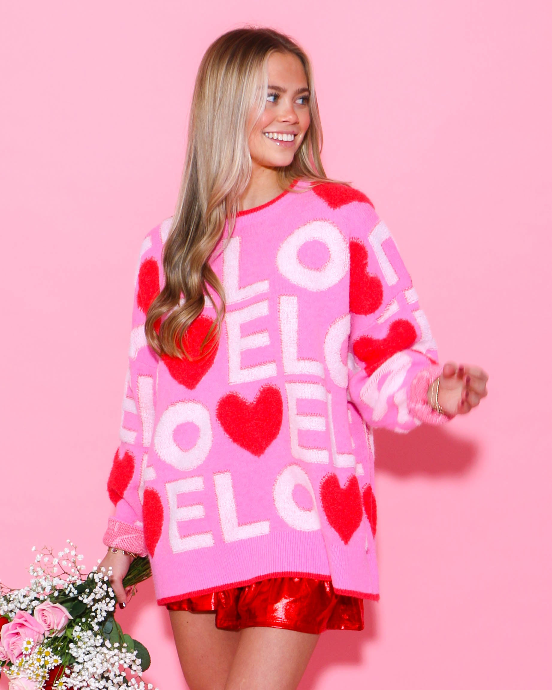 Love 3D Embroidery Valentine Contrast Rib Sweater