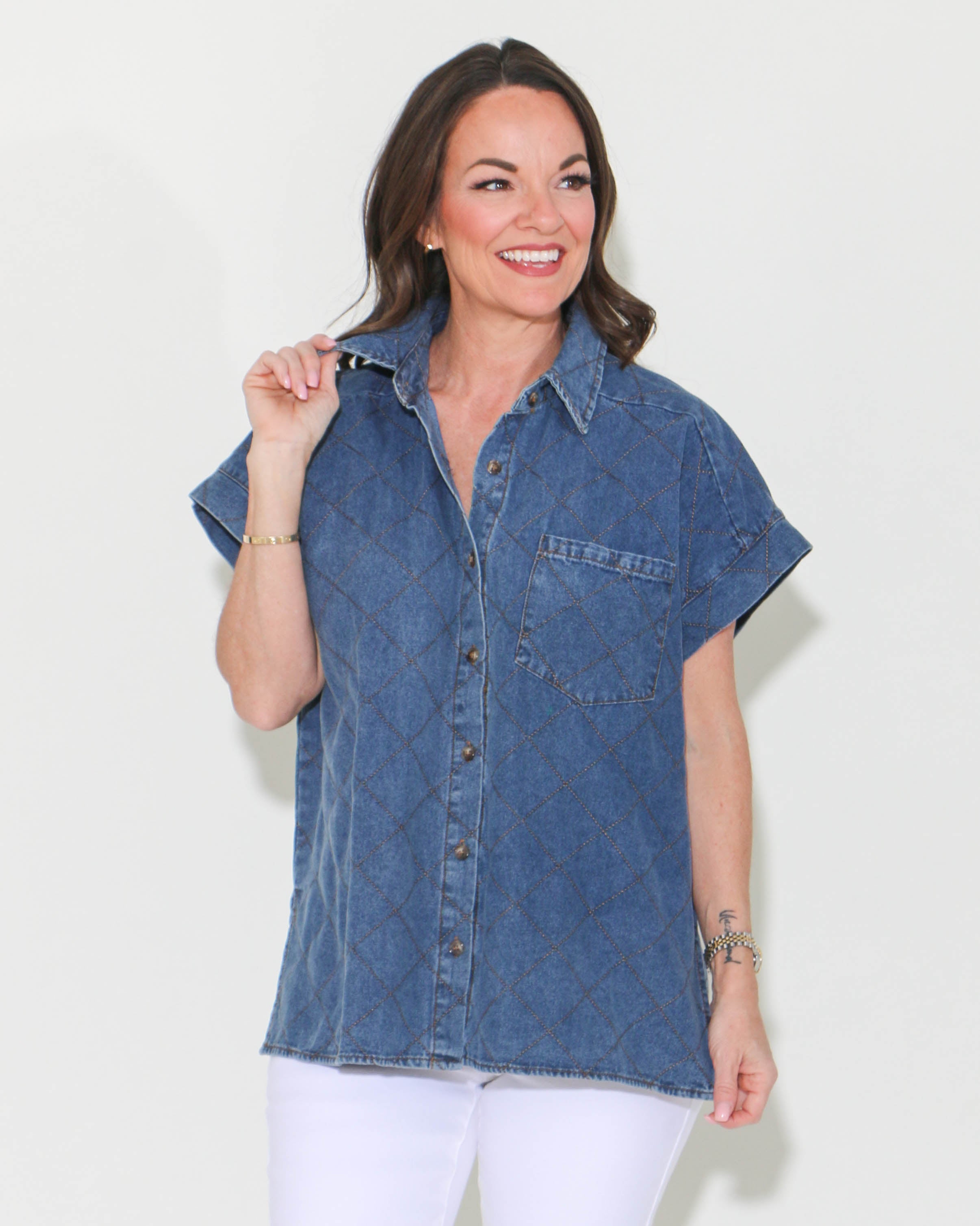 Denim Button Down Short Sleeve Shirt