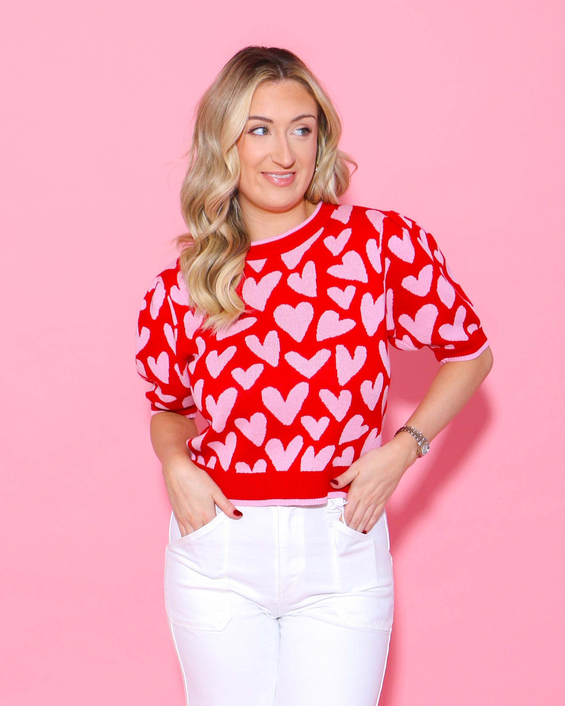 Hearts Pattern Short Puff Sleeve Sweater Top