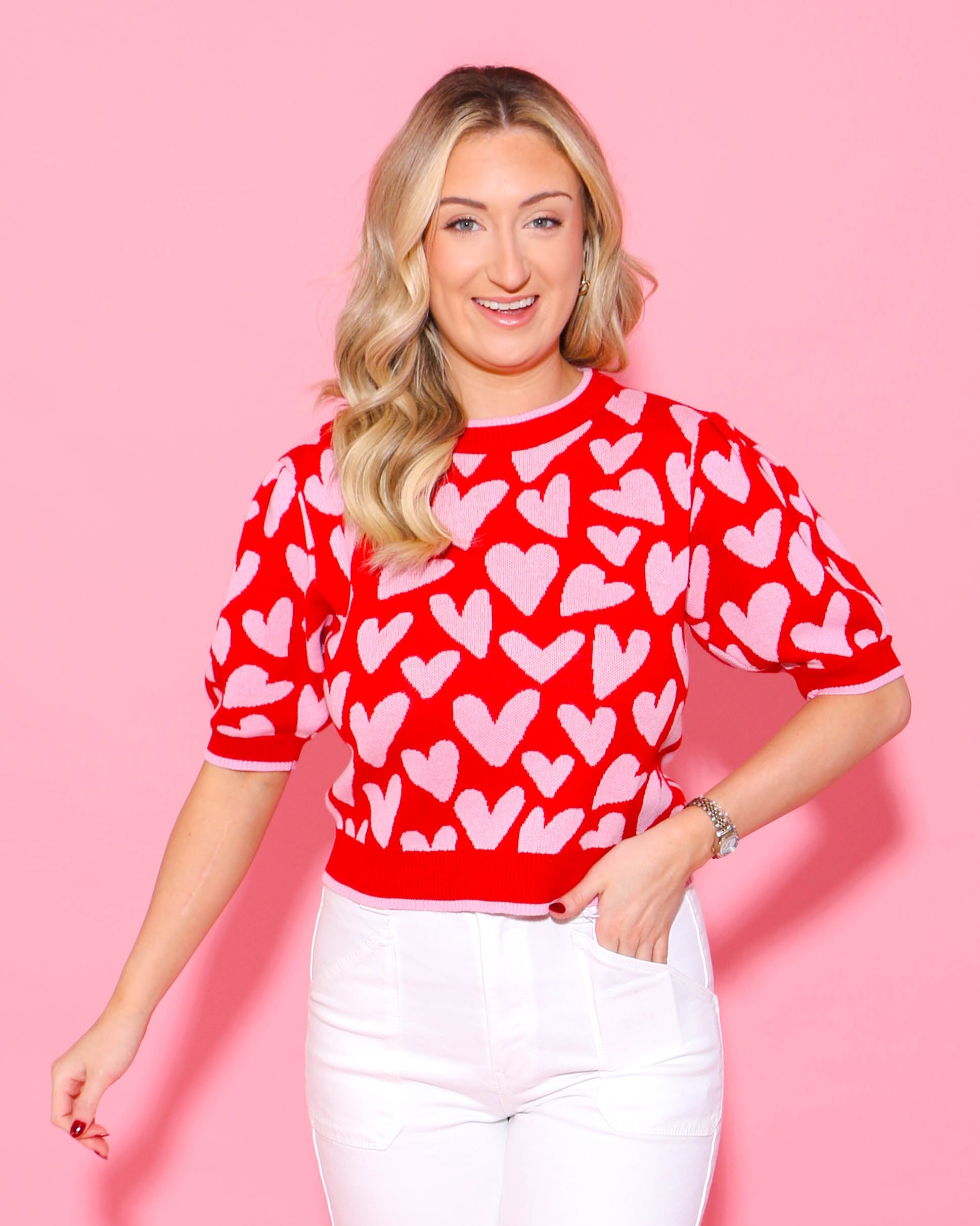 Hearts Pattern Short Puff Sleeve Sweater Top