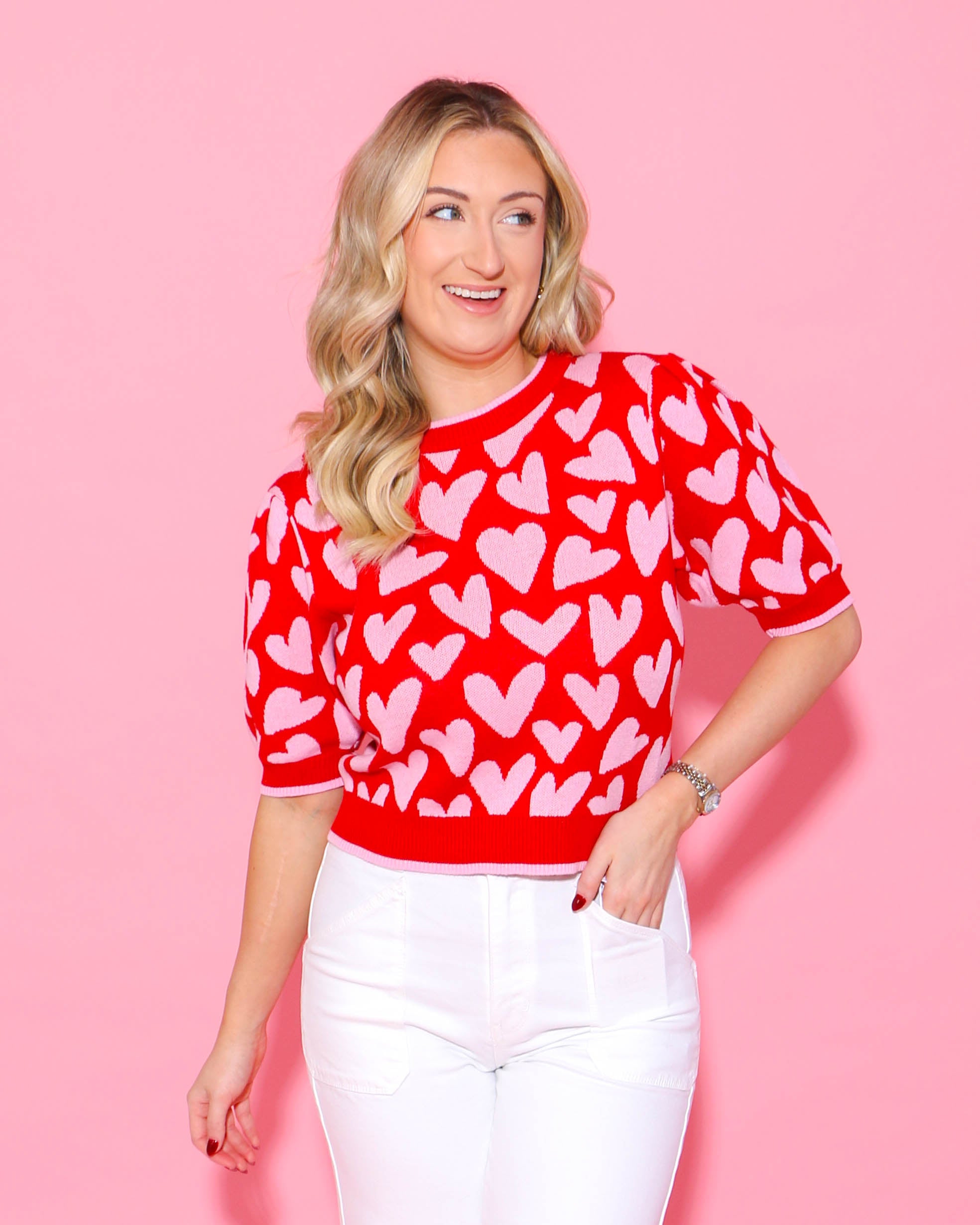 Hearts Pattern Short Puff Sleeve Sweater Top