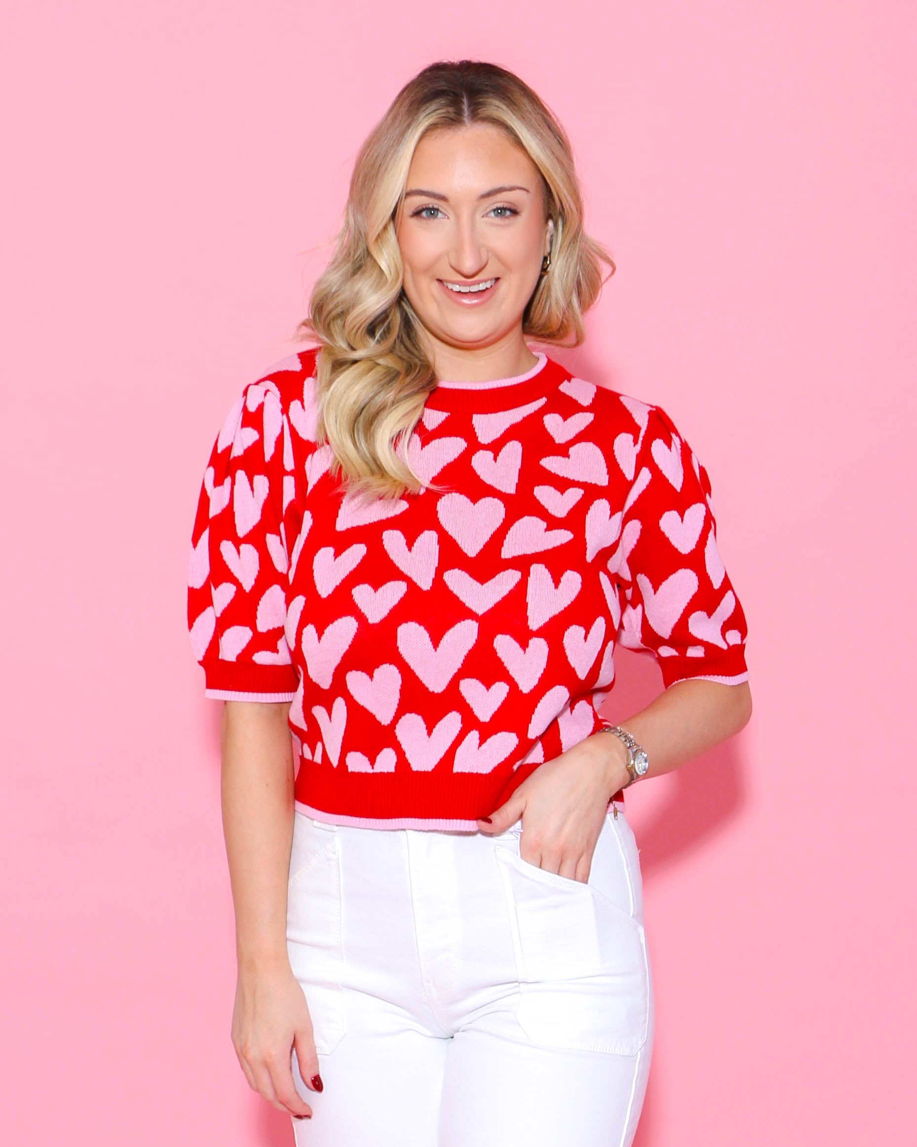 Hearts Pattern Short Puff Sleeve Sweater Top