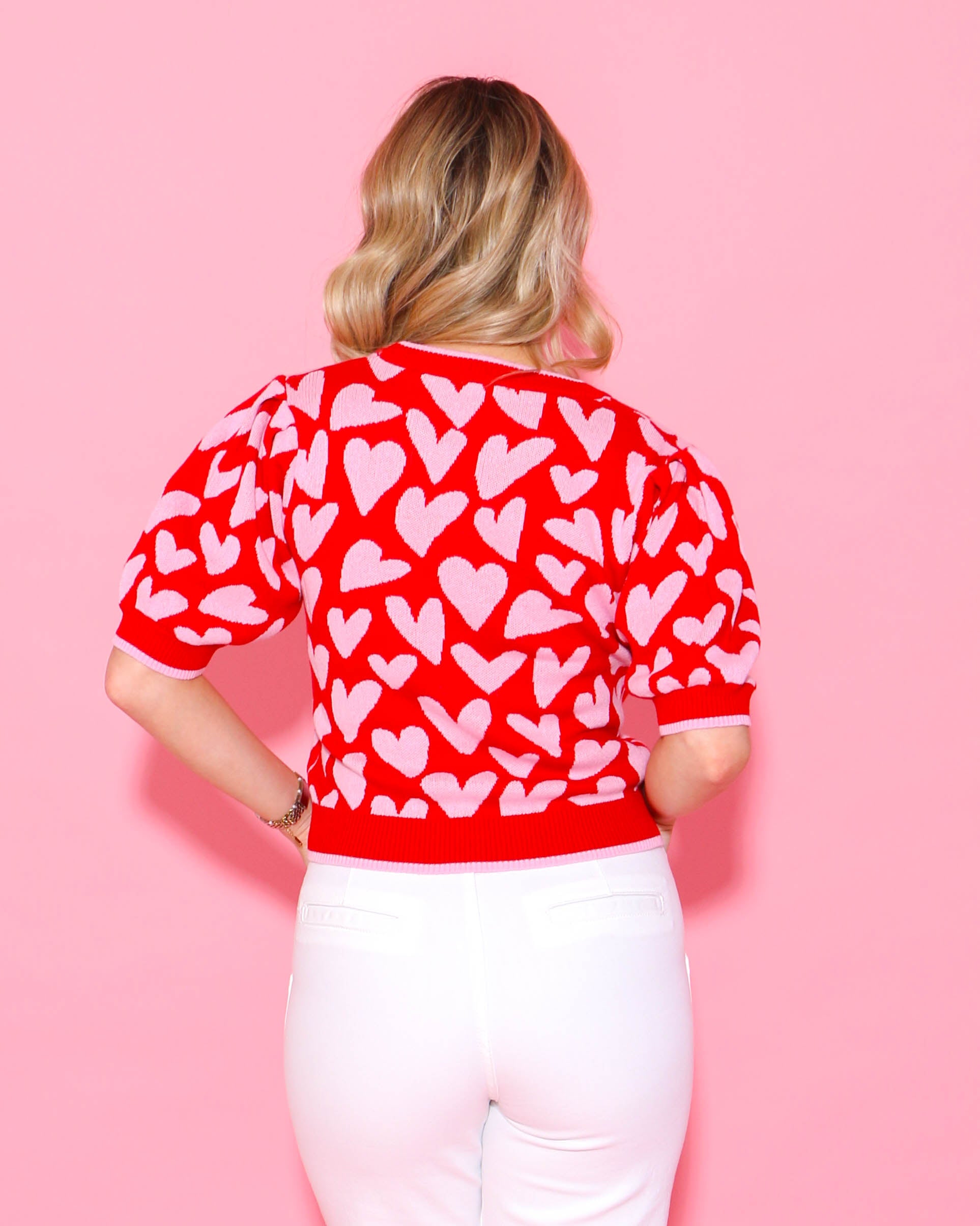 Hearts Pattern Short Puff Sleeve Sweater Top