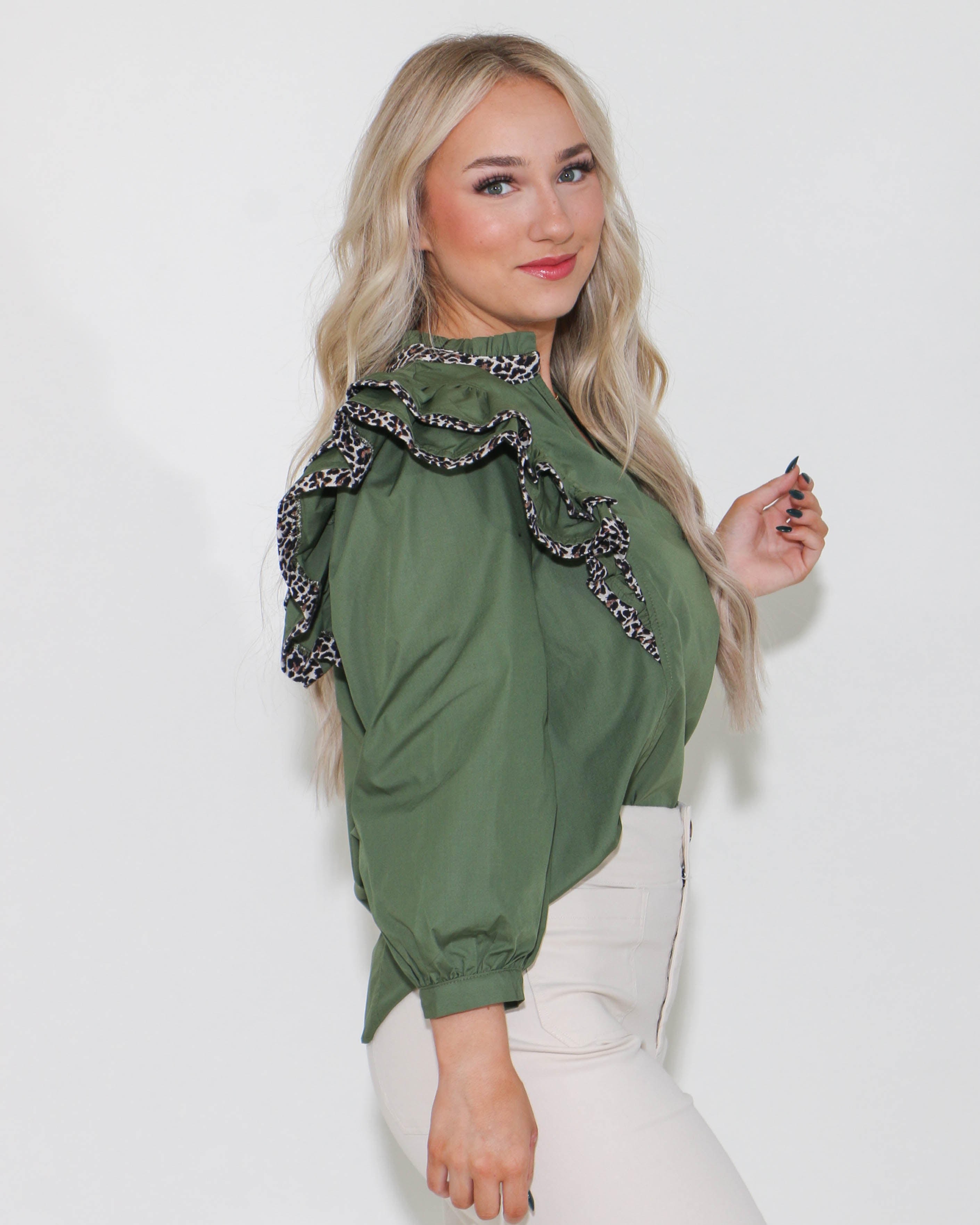 Solid 3/4 Leopard Sleeve Ruffled Top