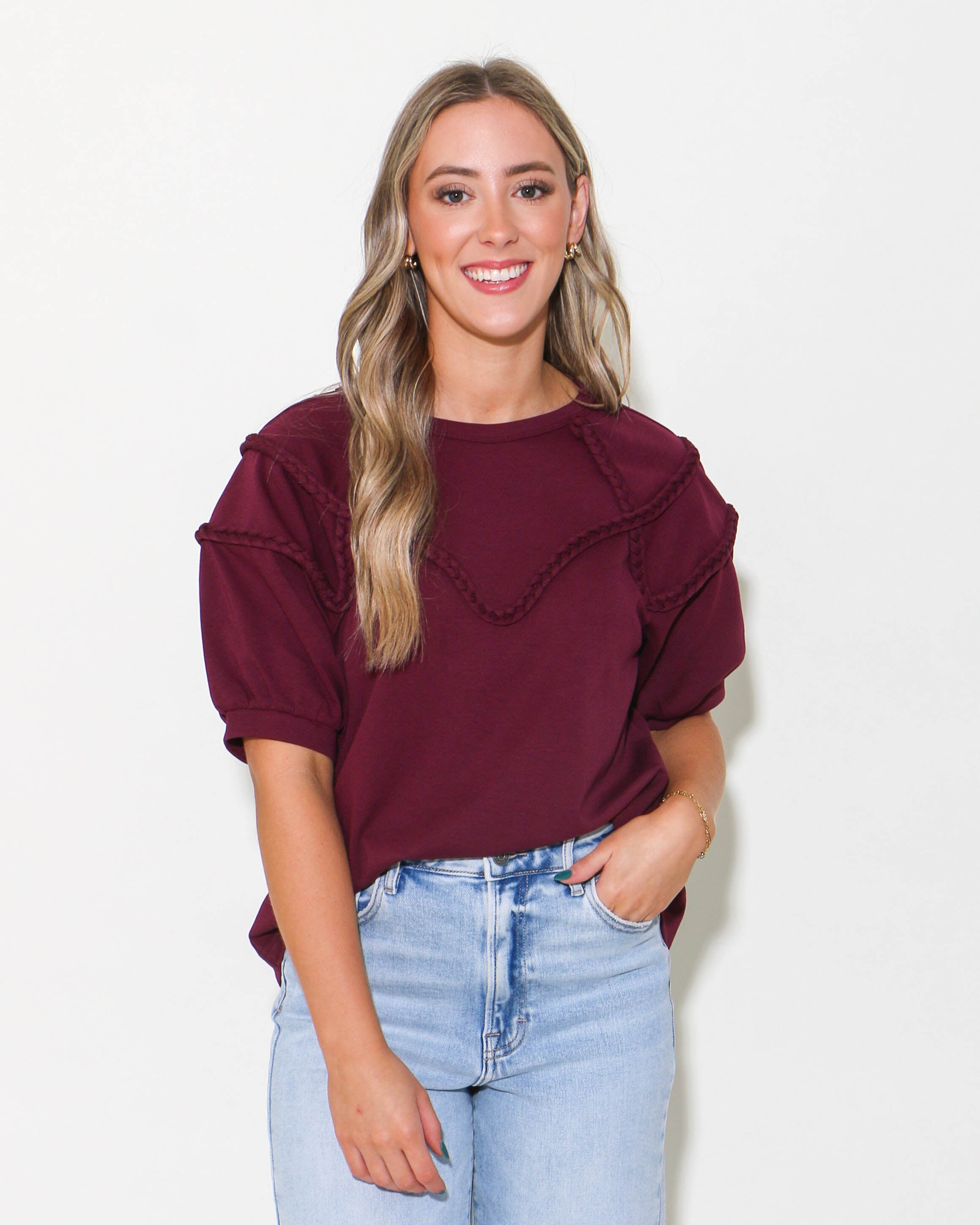 Casual Everyday Braided Top in Plum