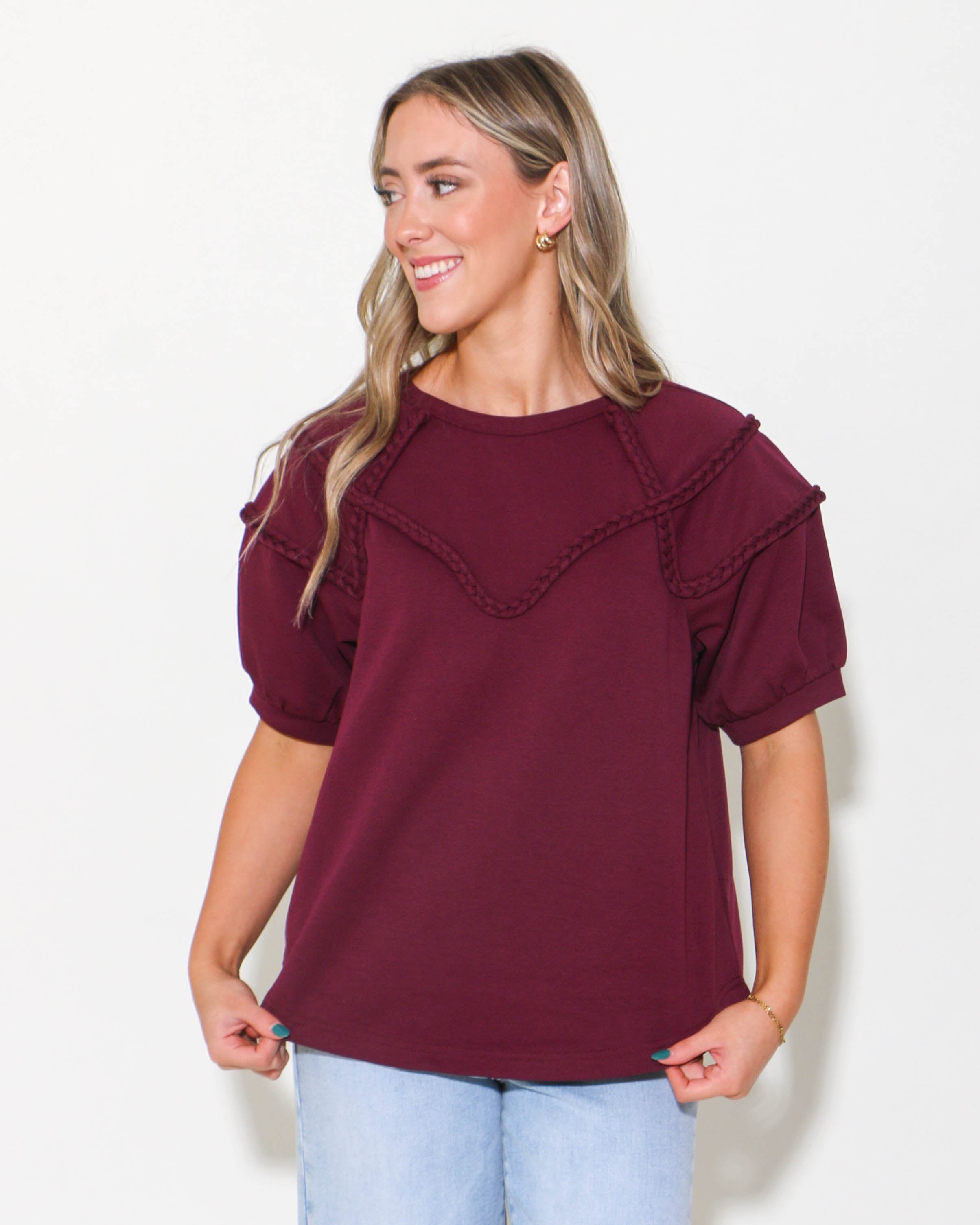 Casual Everyday Braided Top in Plum