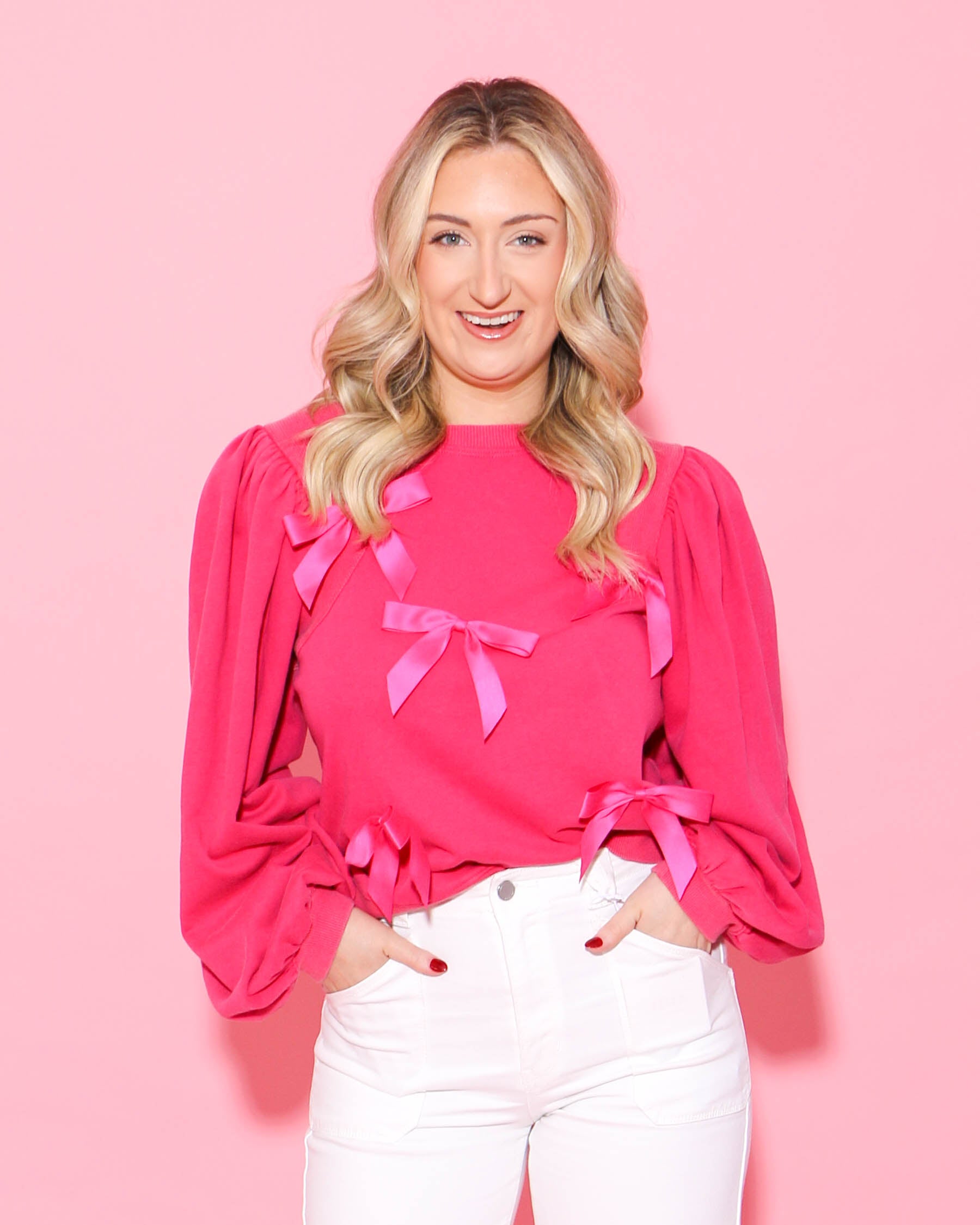 Bow Ties Patch Sweatshirt Top in Hot Pink