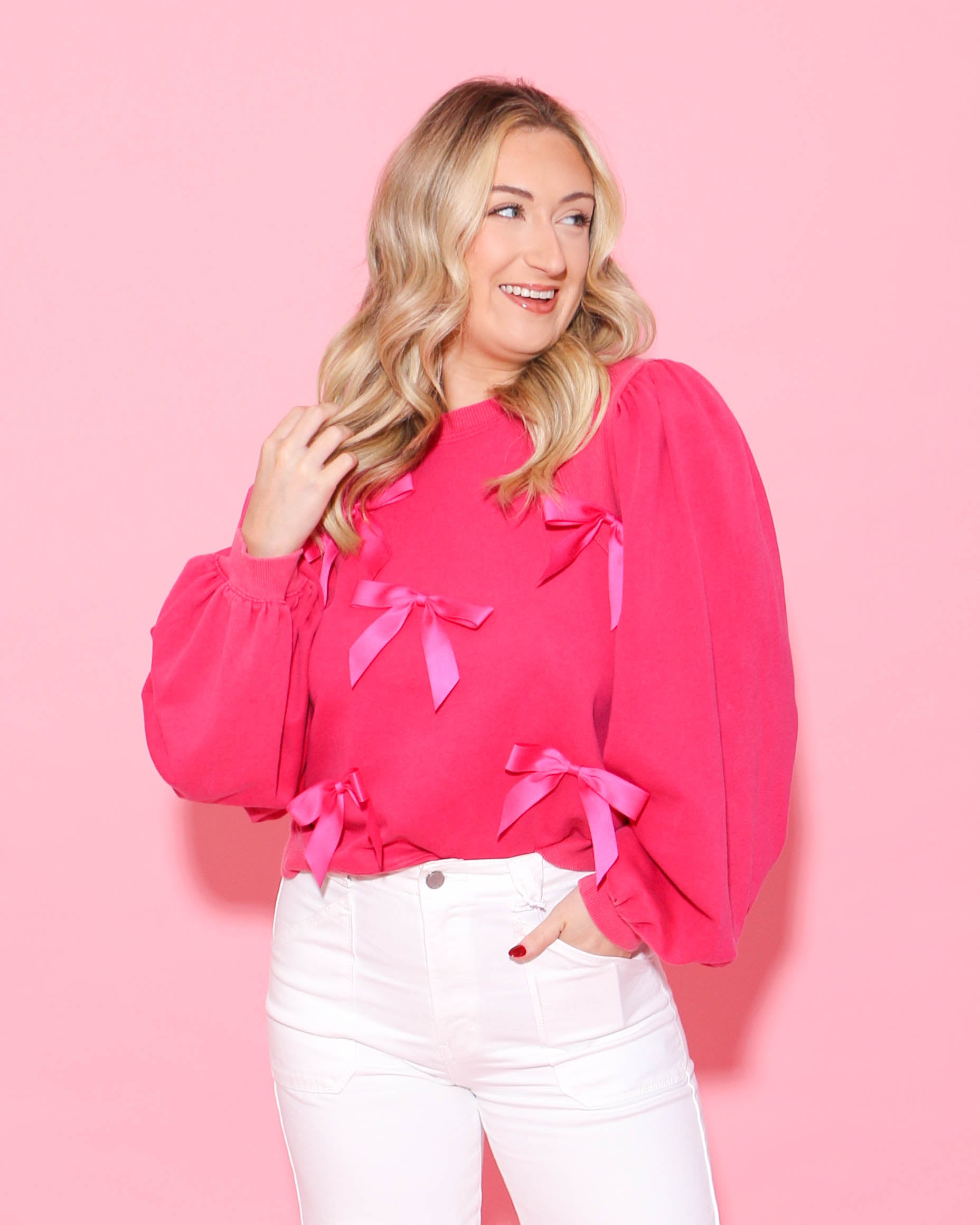 Bow Ties Patch Sweatshirt Top in Hot Pink