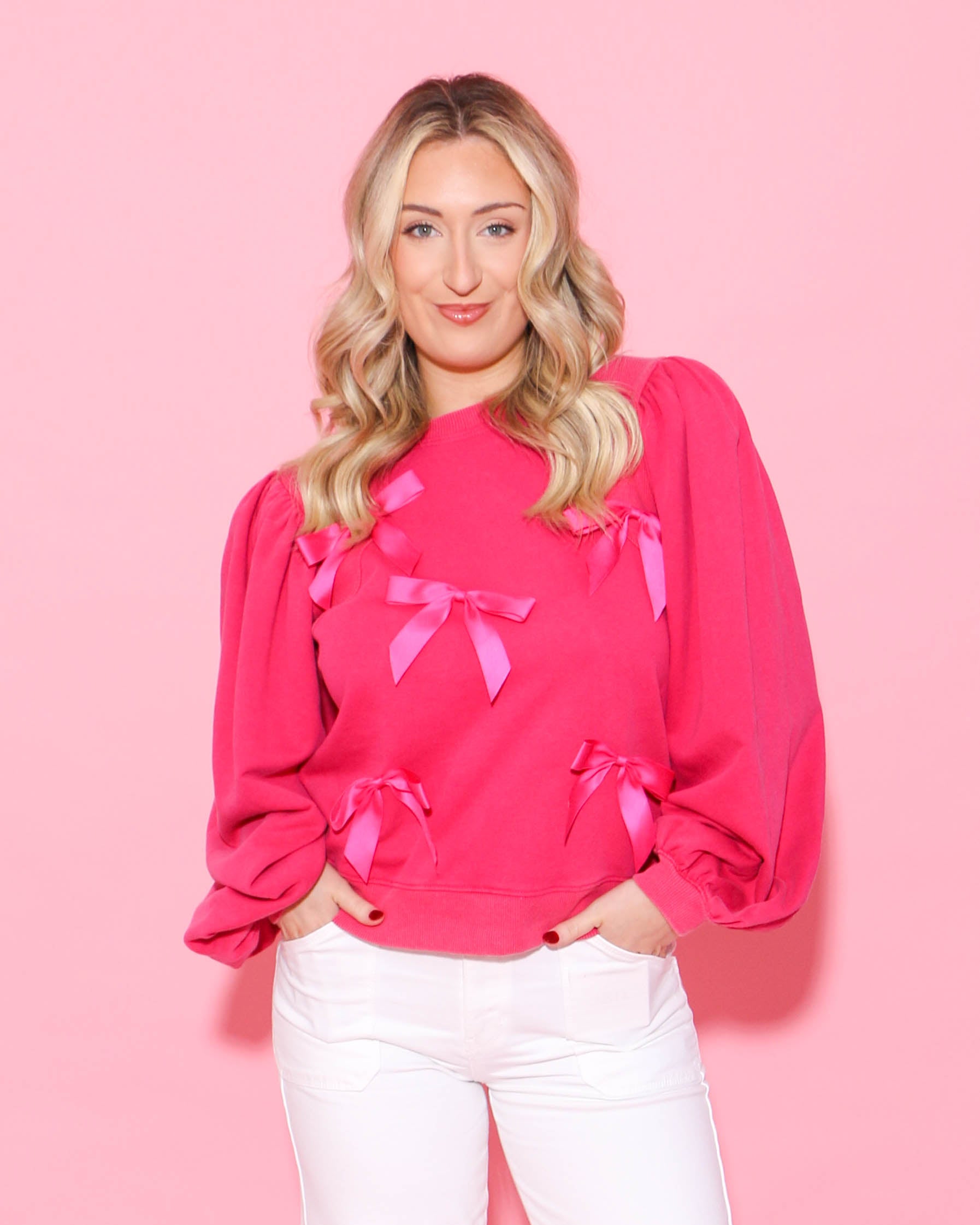 Bow Ties Patch Sweatshirt Top in Hot Pink