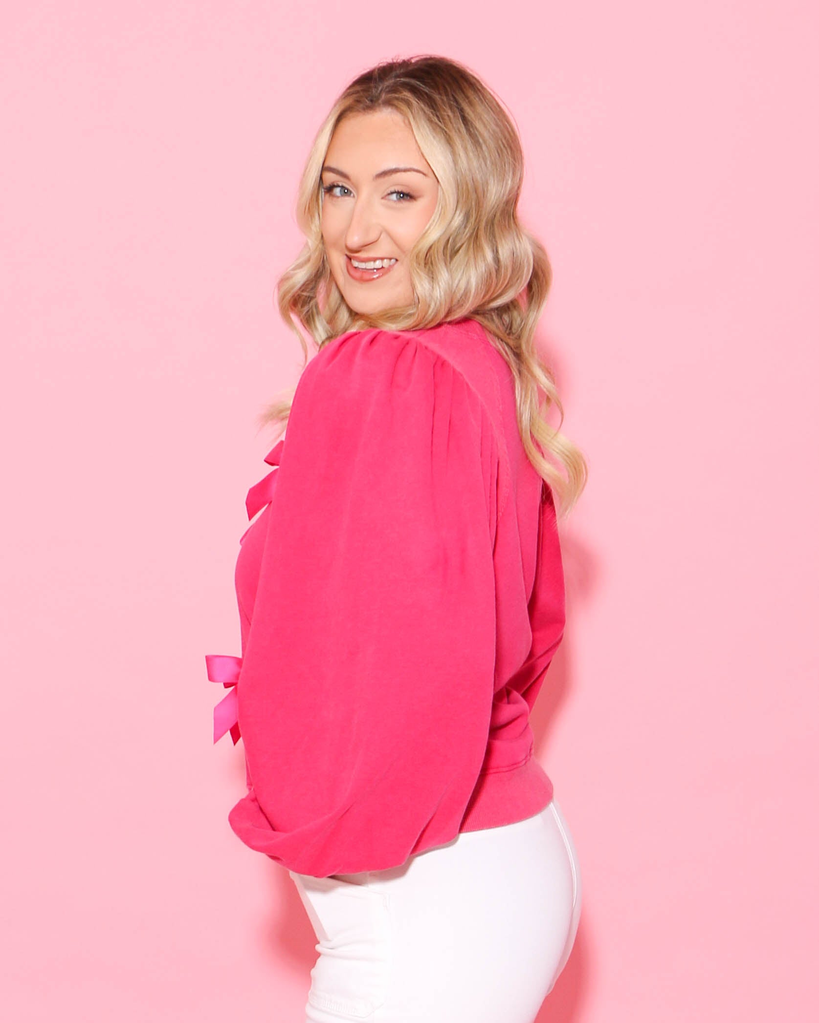 Bow Ties Patch Sweatshirt Top in Hot Pink