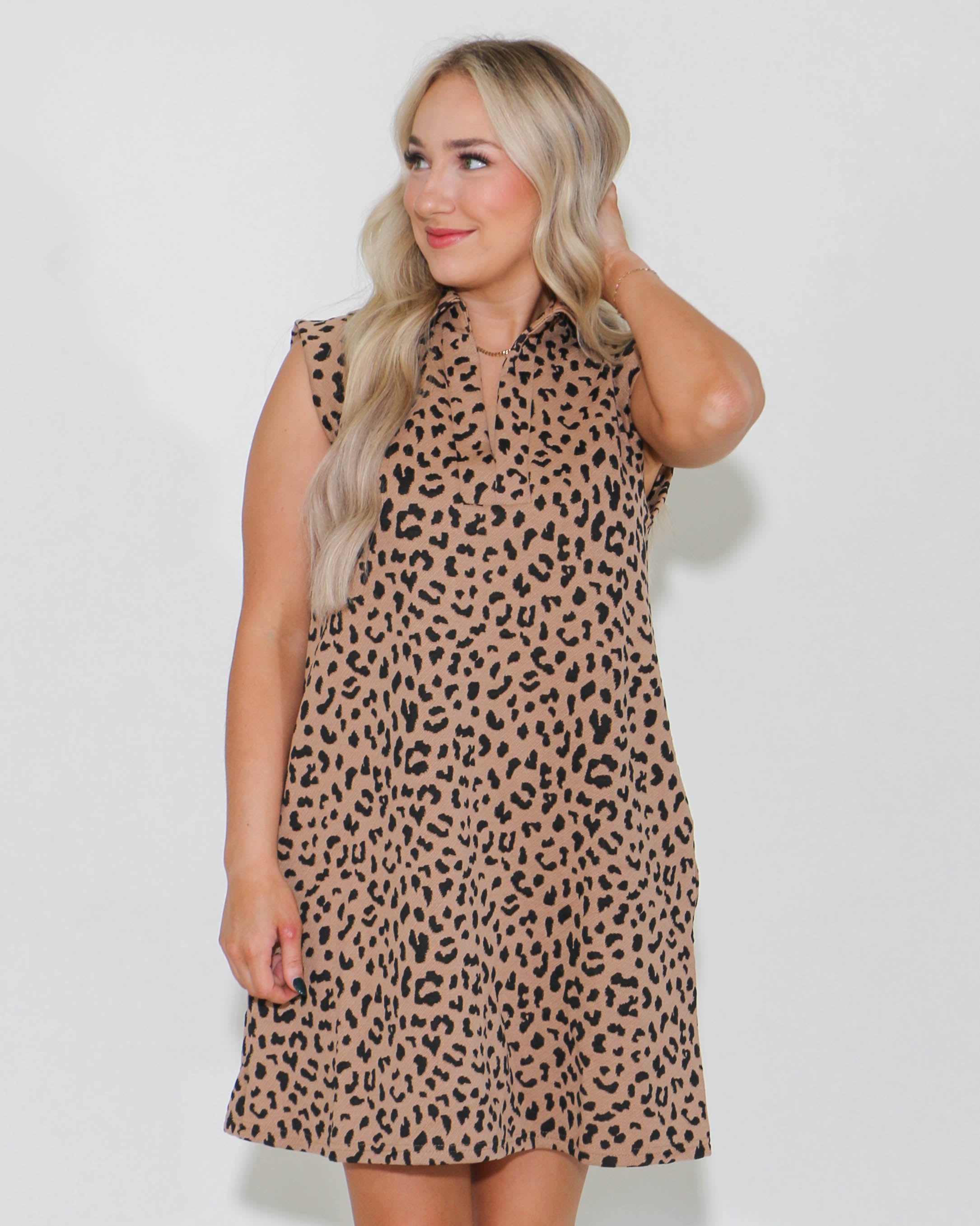 Leopard V-neck Sleeveless Collared Mini Dress