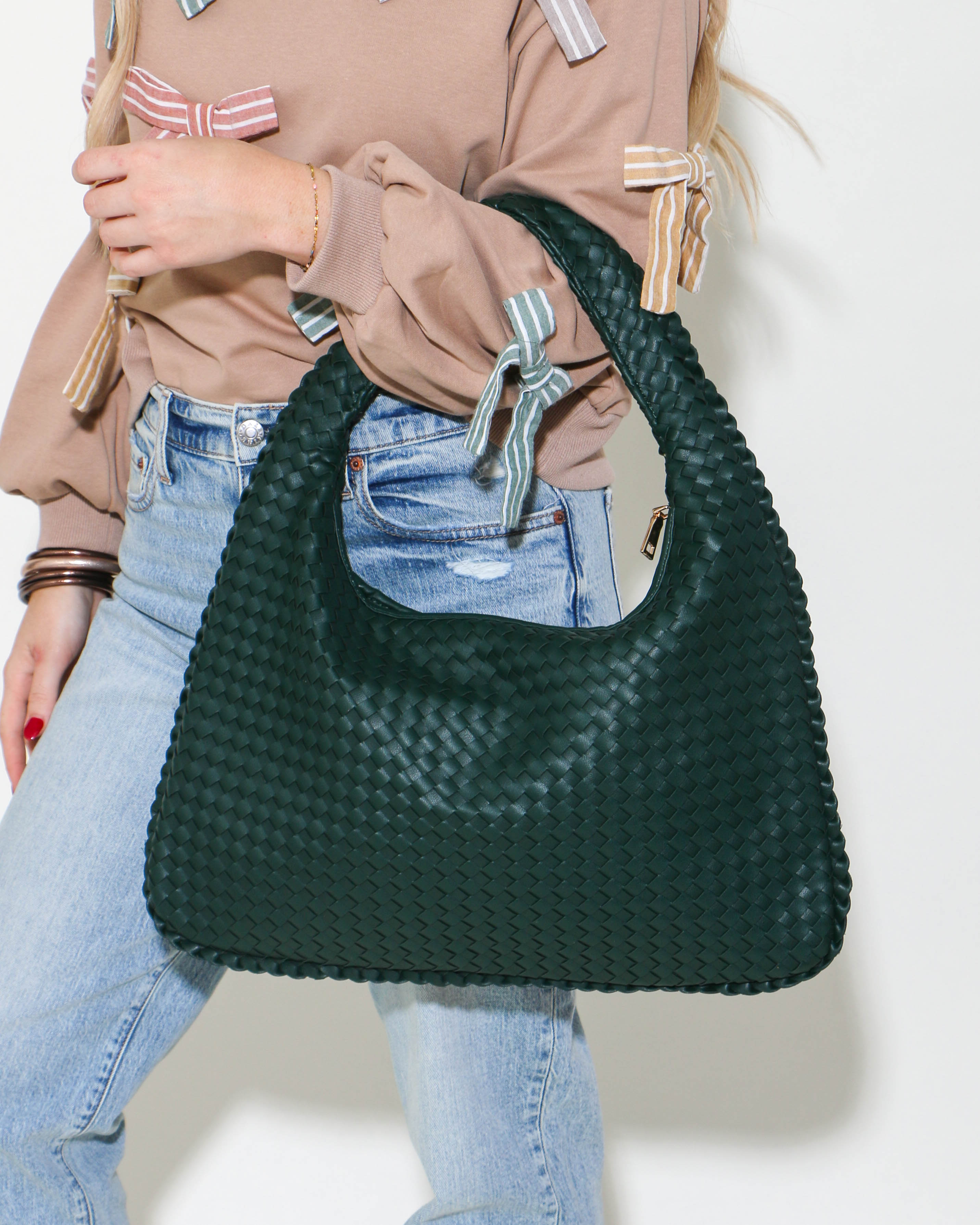 Textured Shoulder Hobo Bag in Green