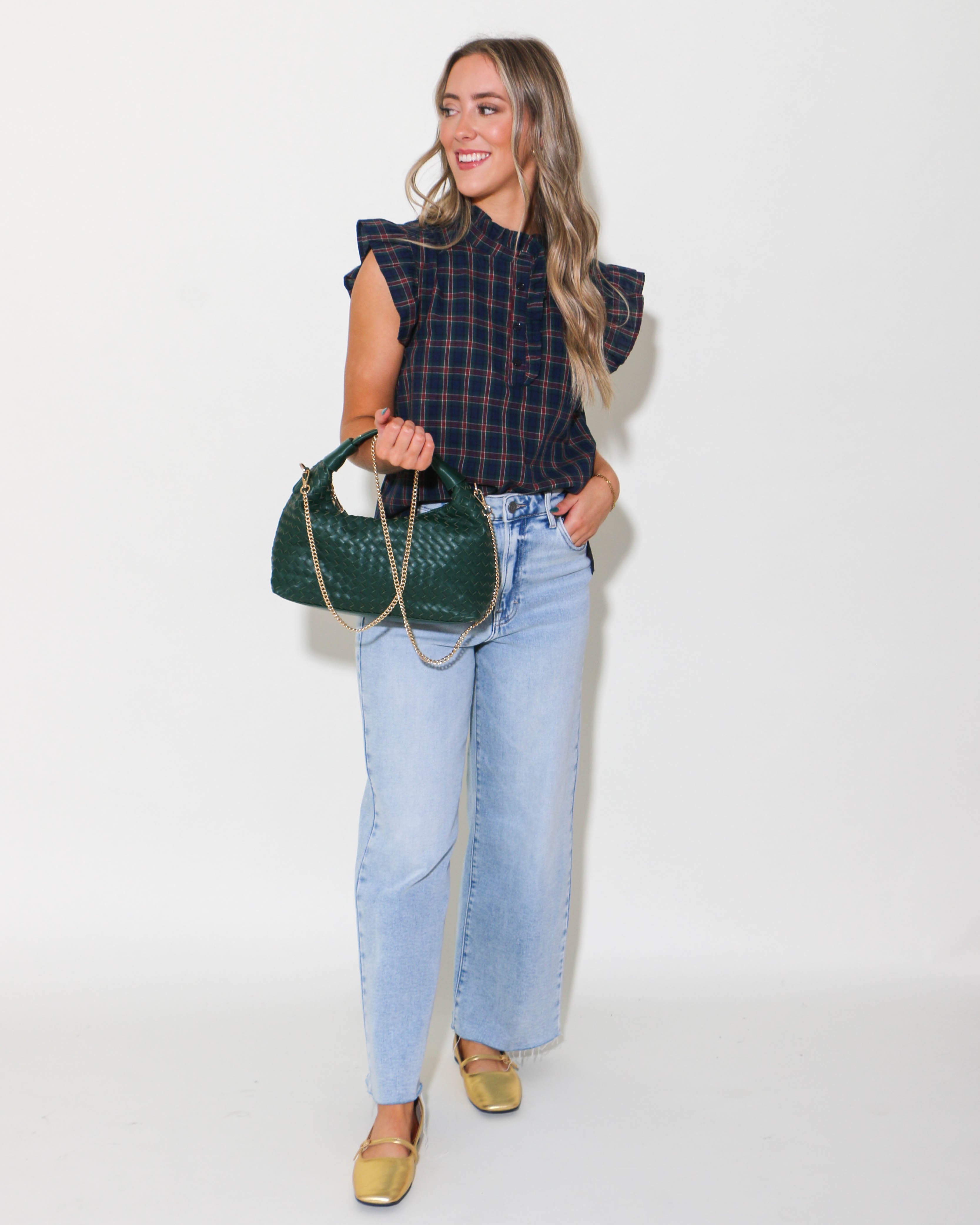 Navy/Green Plaid Sleeveless Top with Ruffle Detail