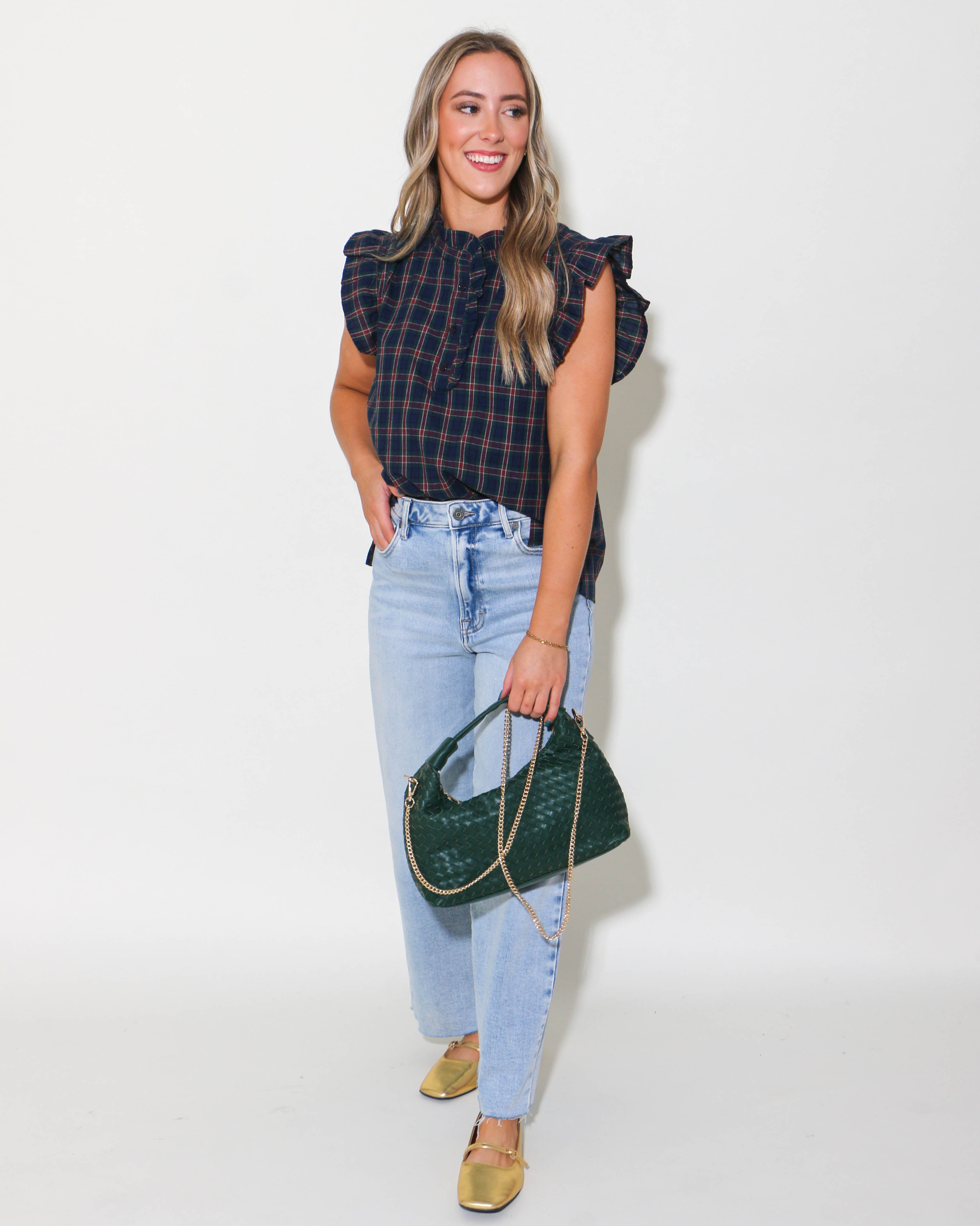 Navy/Green Plaid Sleeveless Top with Ruffle Detail