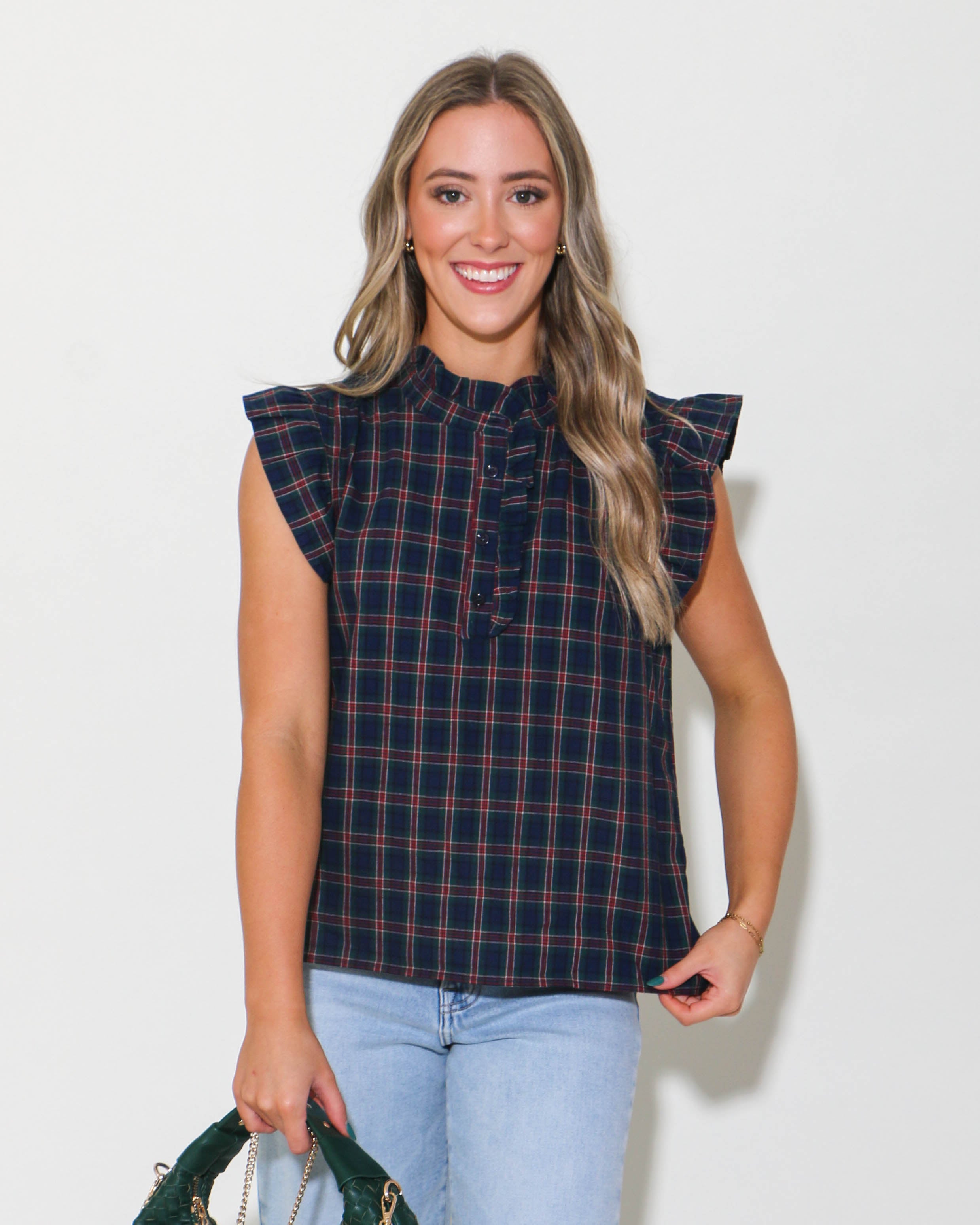 Navy/Green Plaid Sleeveless Top with Ruffle Detail