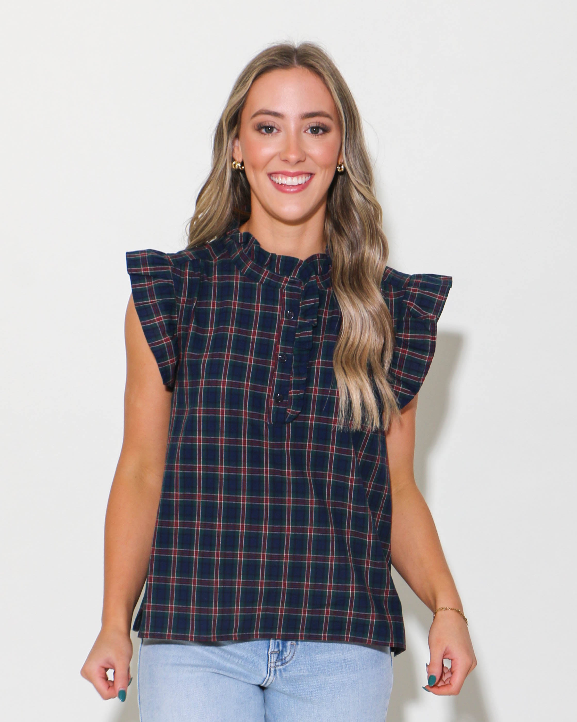 Navy/Green Plaid Sleeveless Top with Ruffle Detail