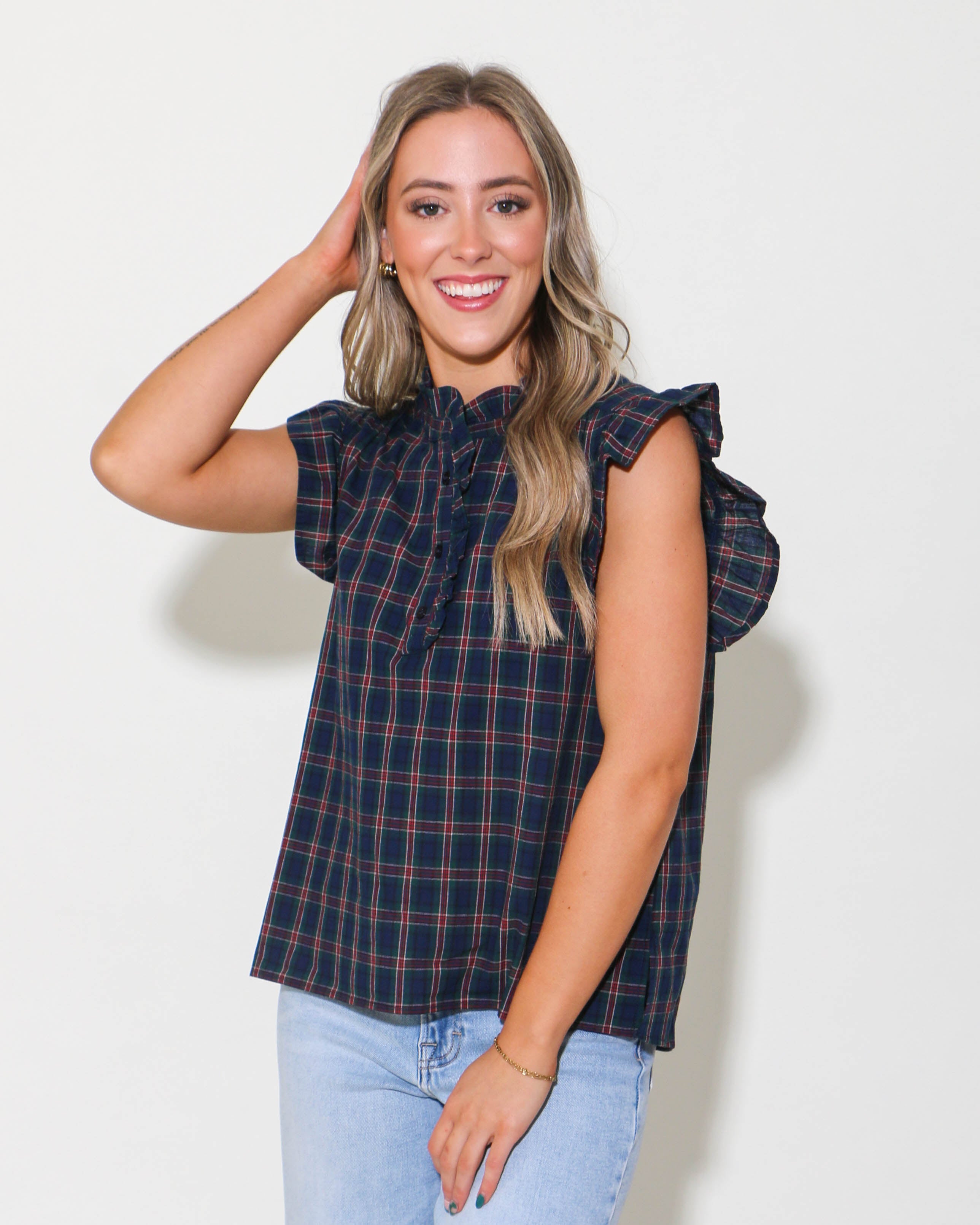 Navy/Green Plaid Sleeveless Top with Ruffle Detail