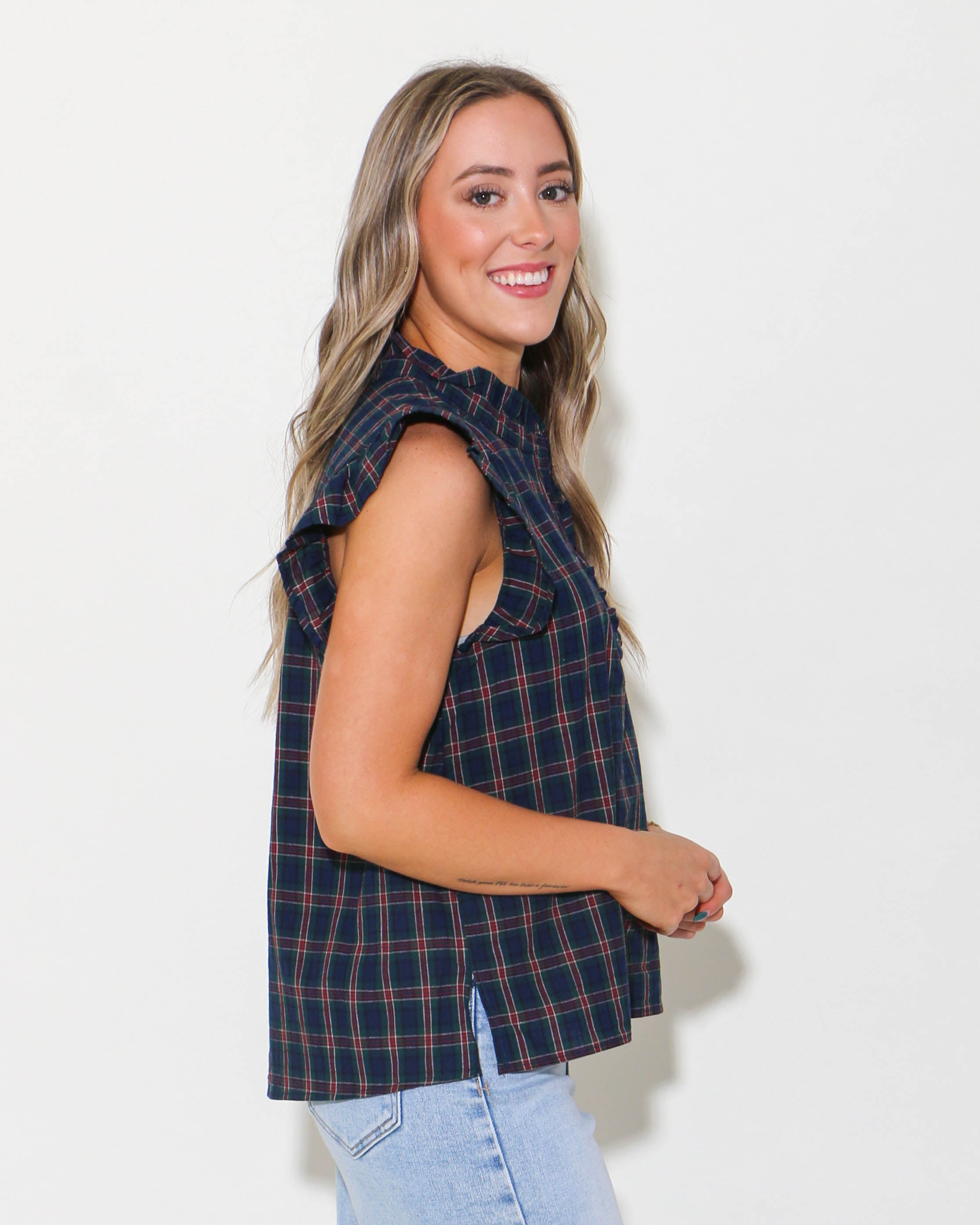 Navy/Green Plaid Sleeveless Top with Ruffle Detail