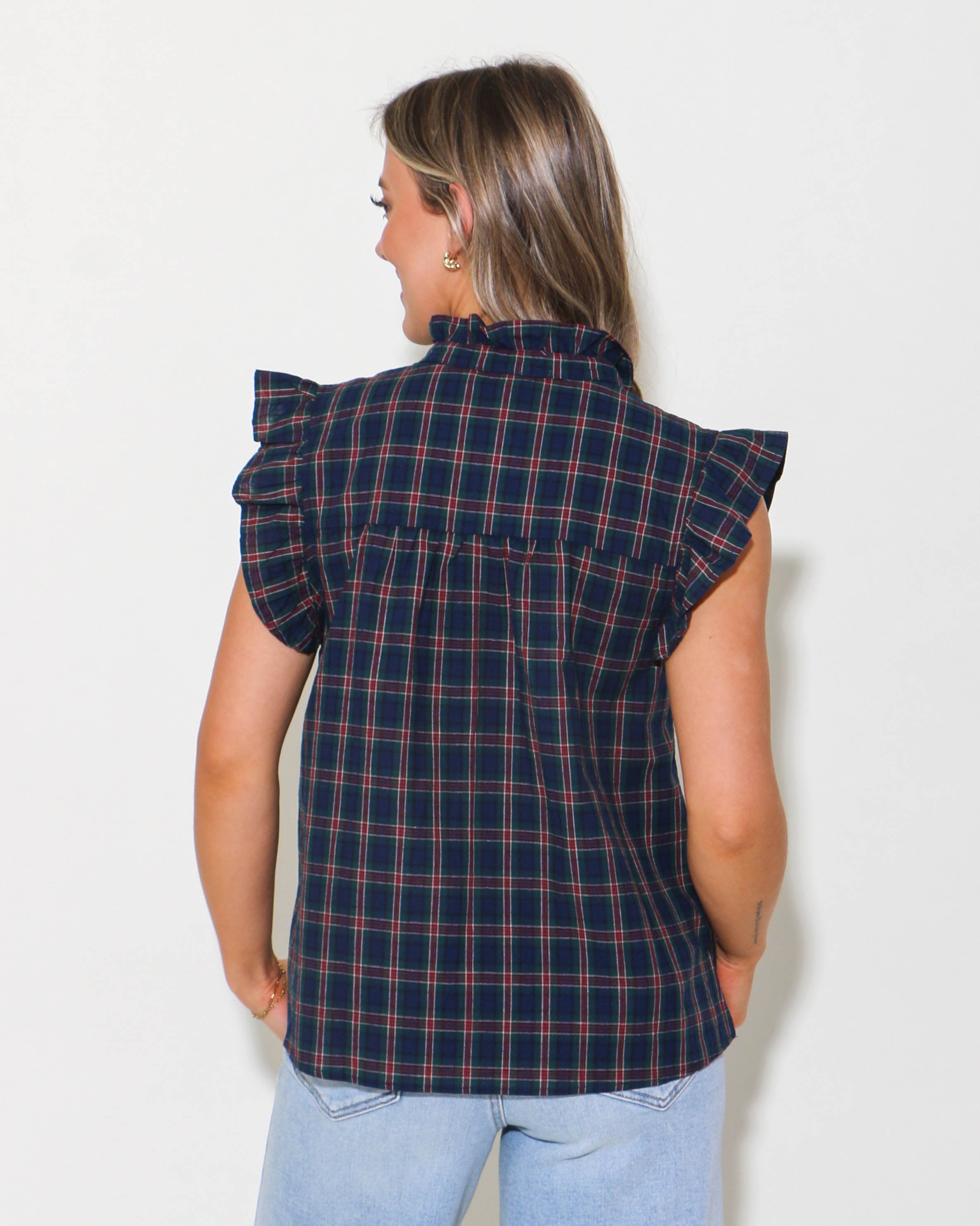 Navy/Green Plaid Sleeveless Top with Ruffle Detail