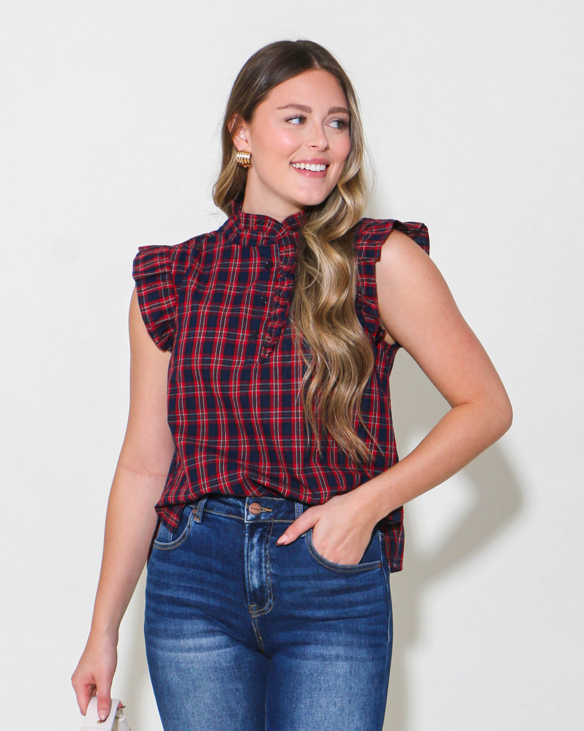 Navy/Red Plaid Sleeveless Top with Ruffle Detail