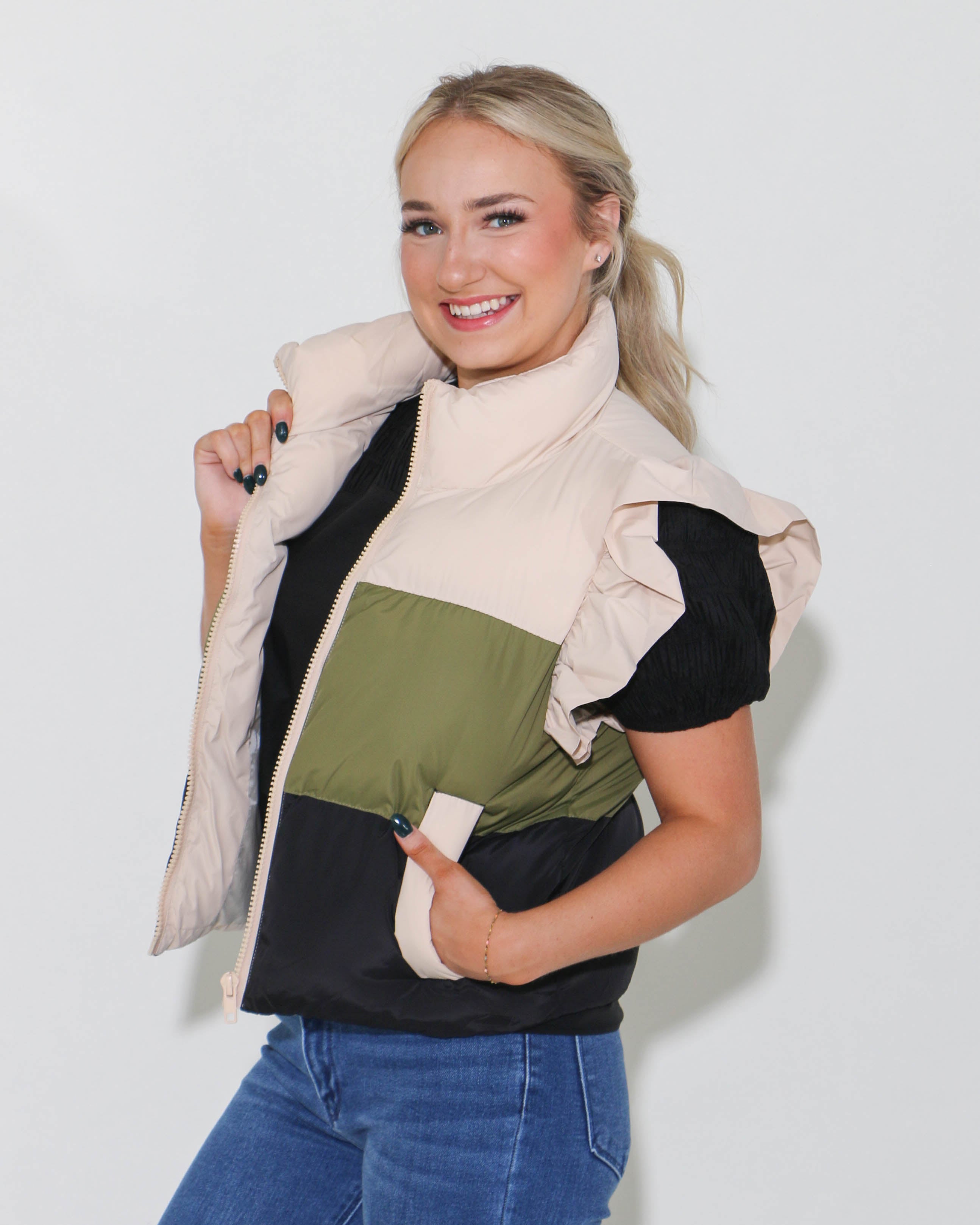 Color Block Ruffle Trim Puffer Vest in Olive