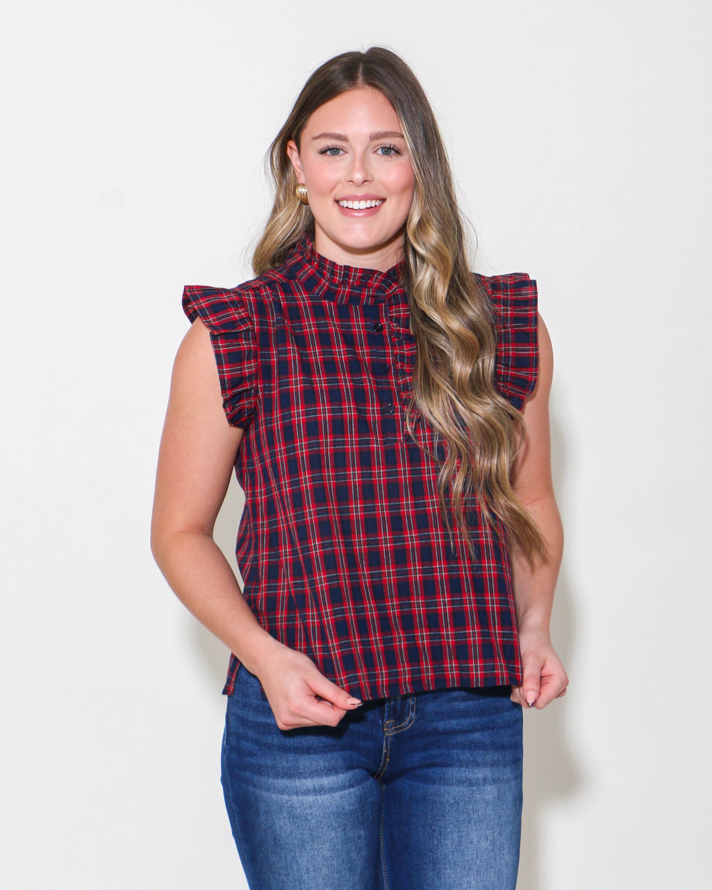 Navy/Red Plaid Sleeveless Top with Ruffle Detail