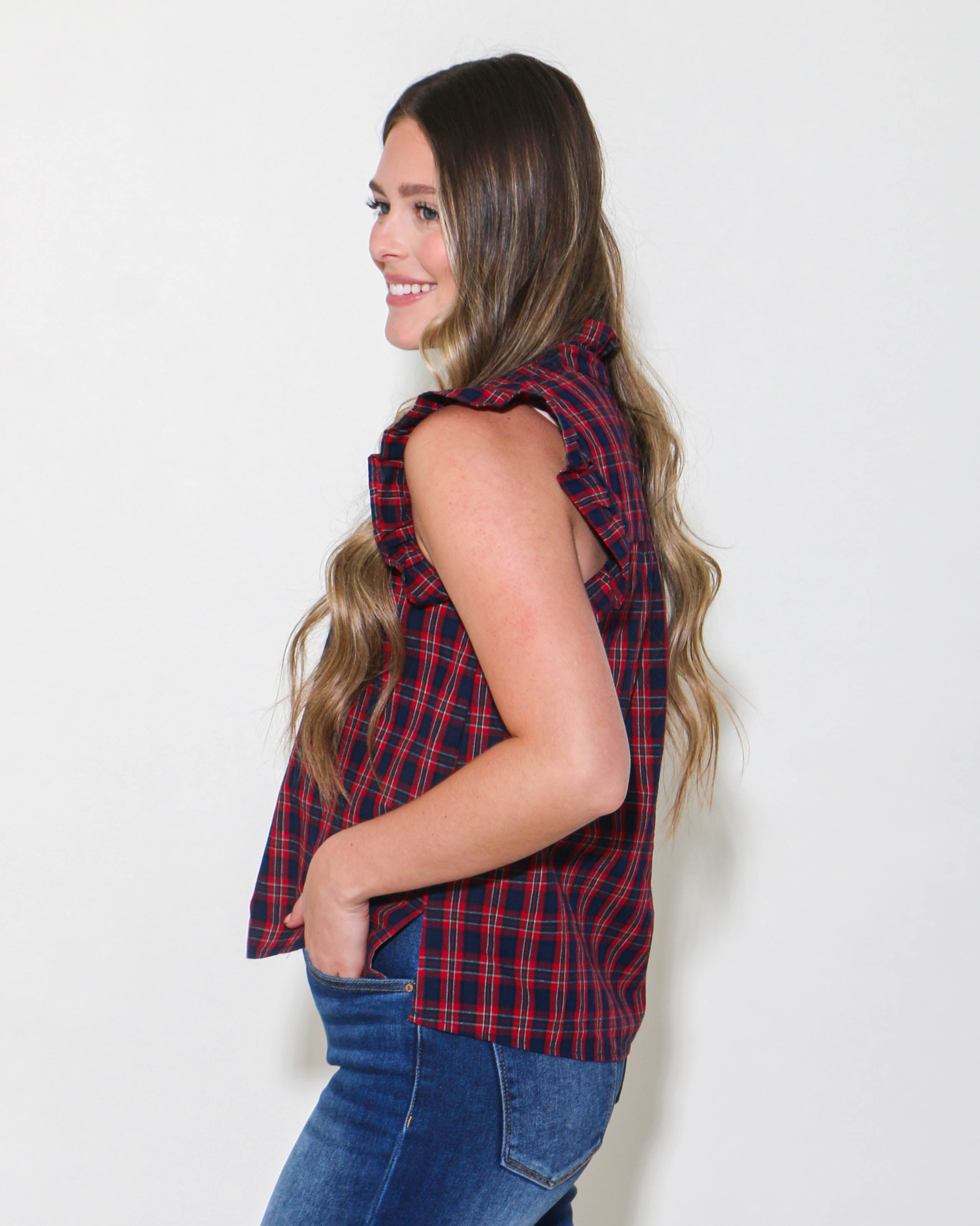 Navy/Red Plaid Sleeveless Top with Ruffle Detail