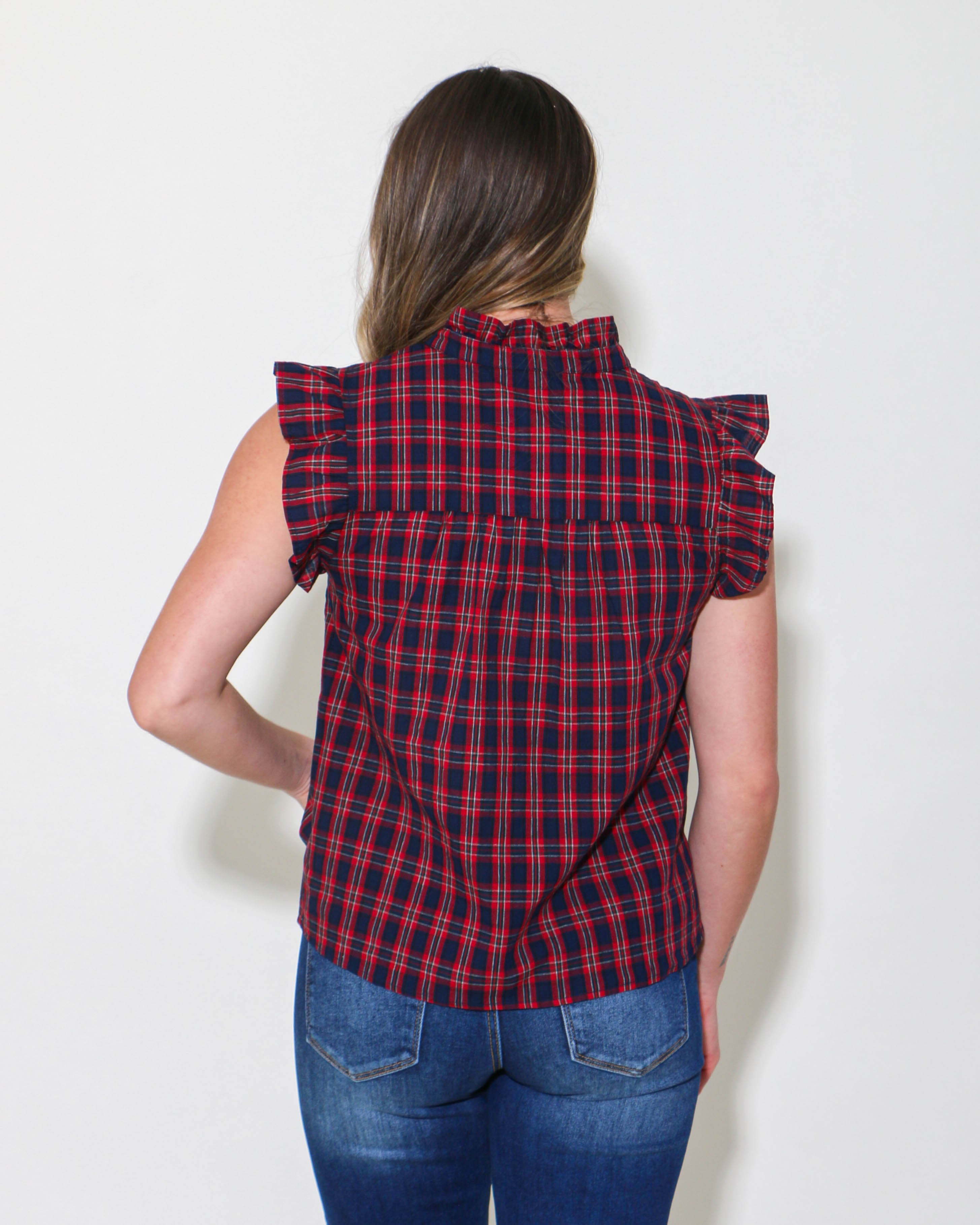 Navy/Red Plaid Sleeveless Top with Ruffle Detail