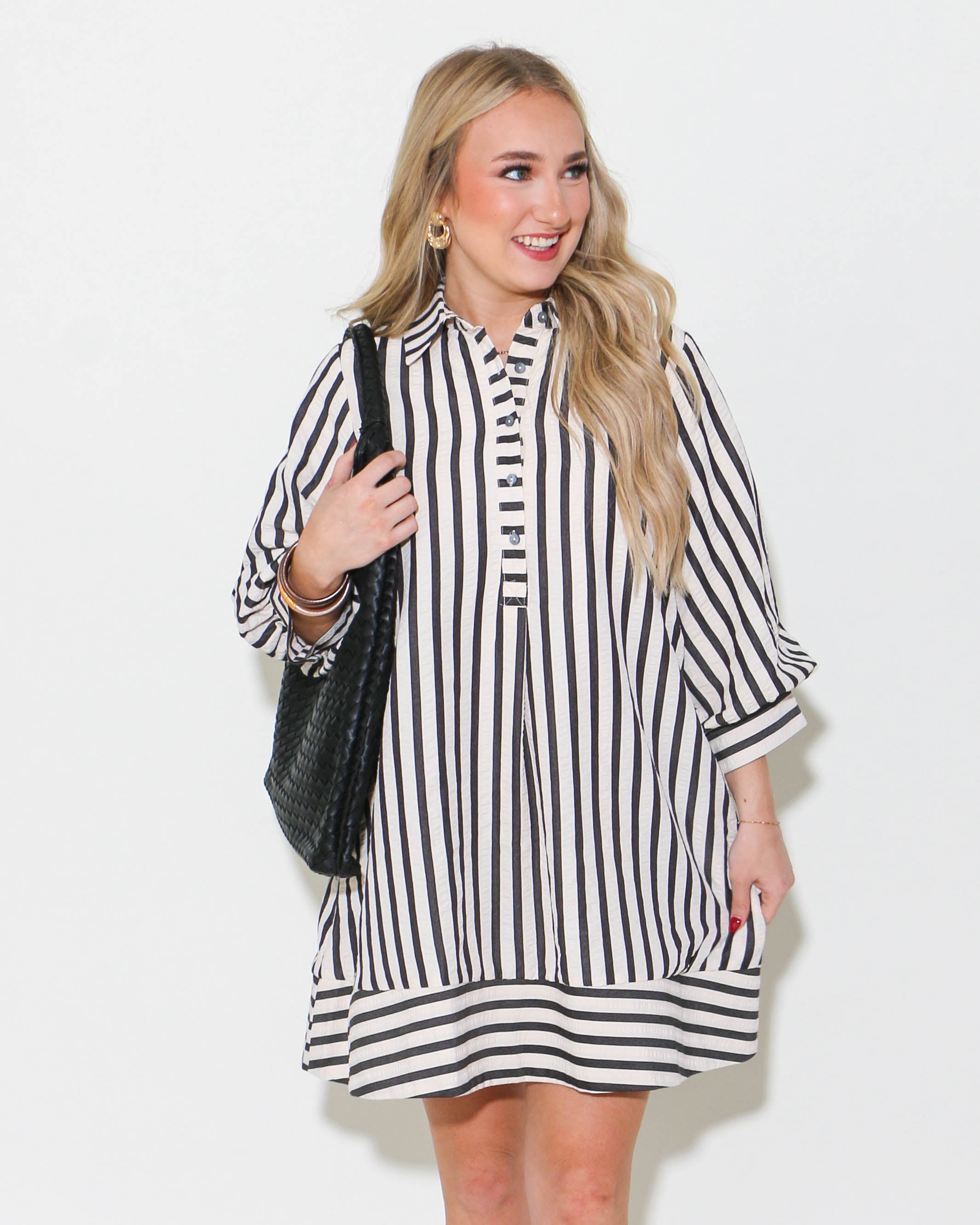 Striped Seersucker Mini Dress Black