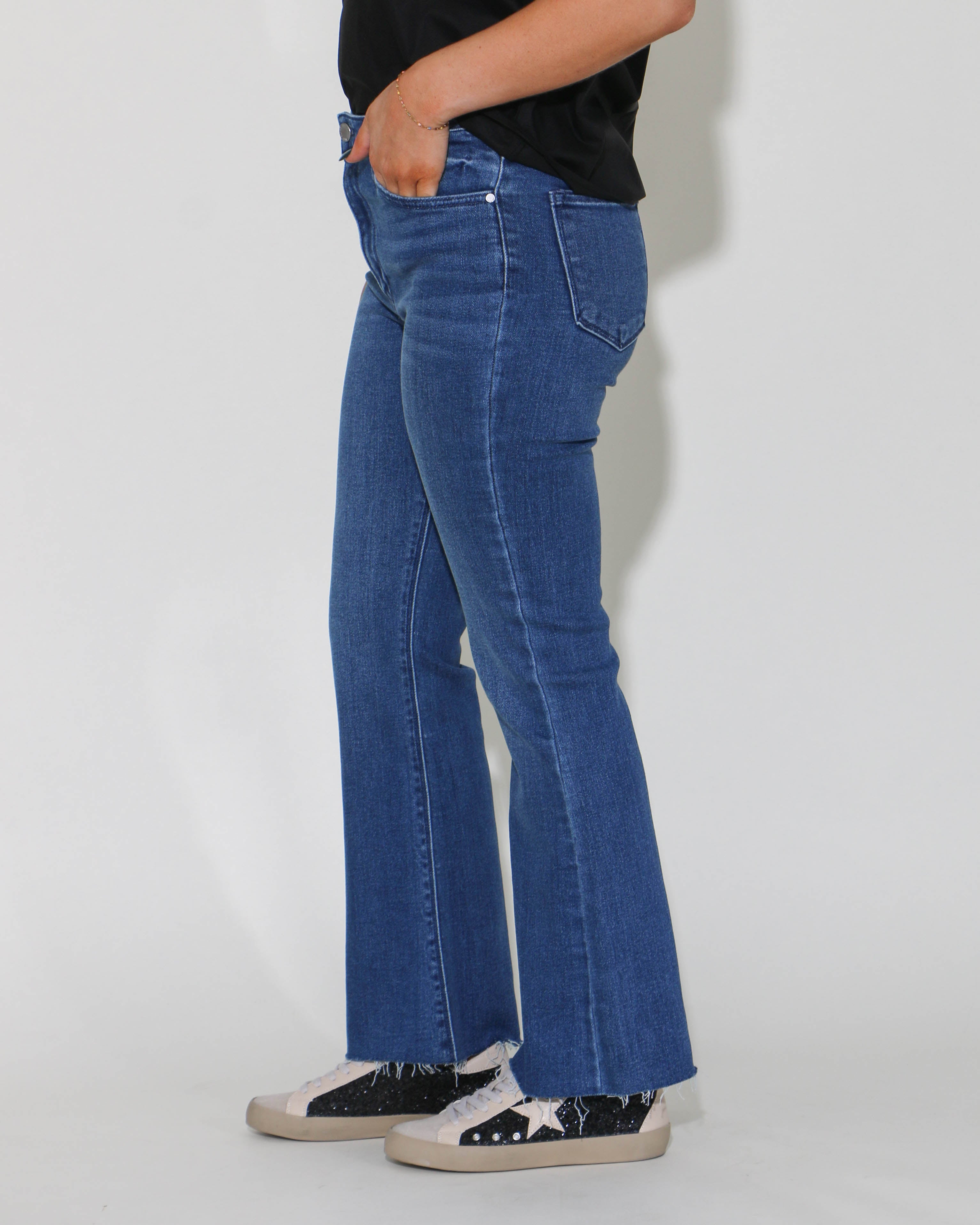 High Rise Medium Wash Crop Flare Jeans