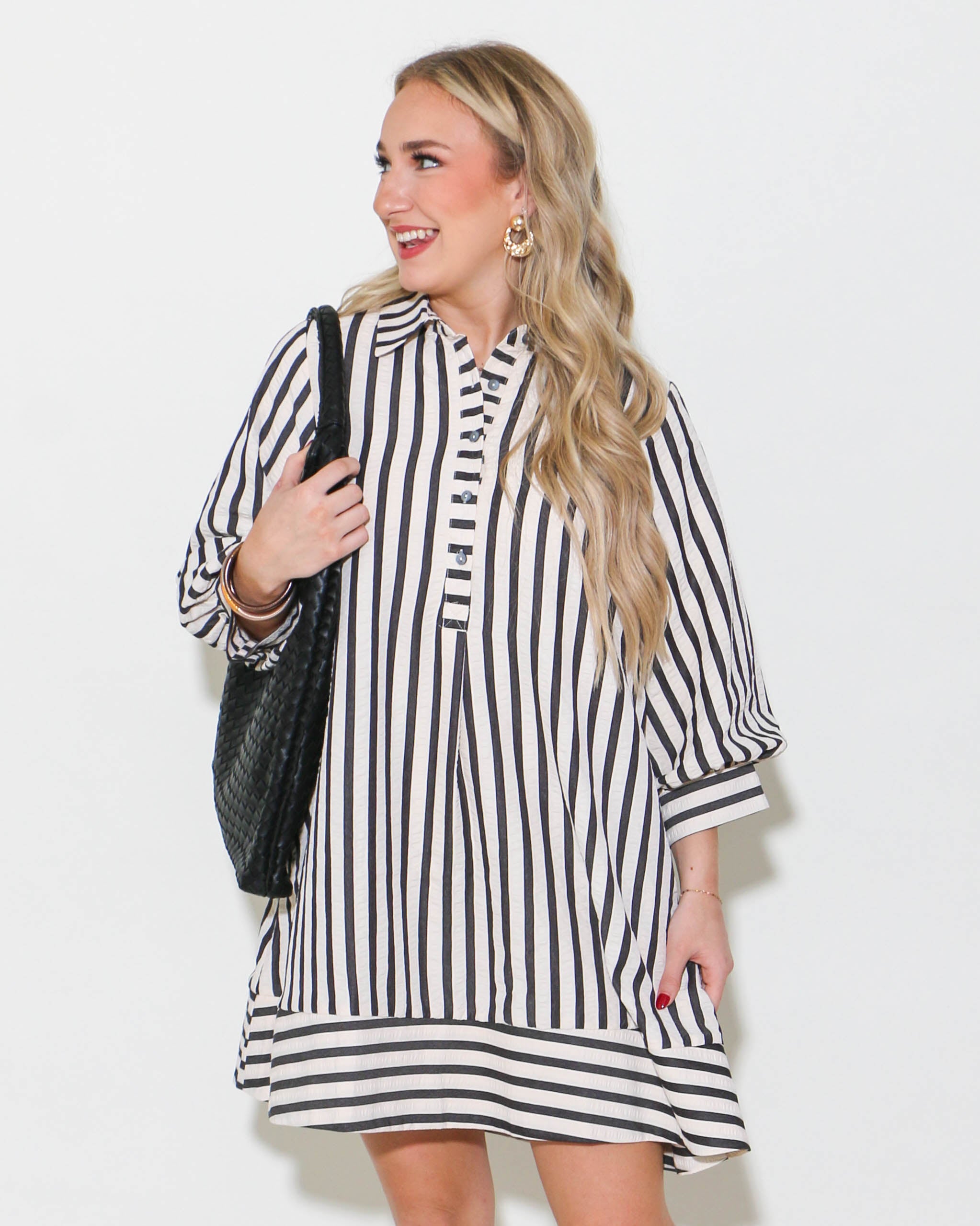 Striped Seersucker Mini Dress Black