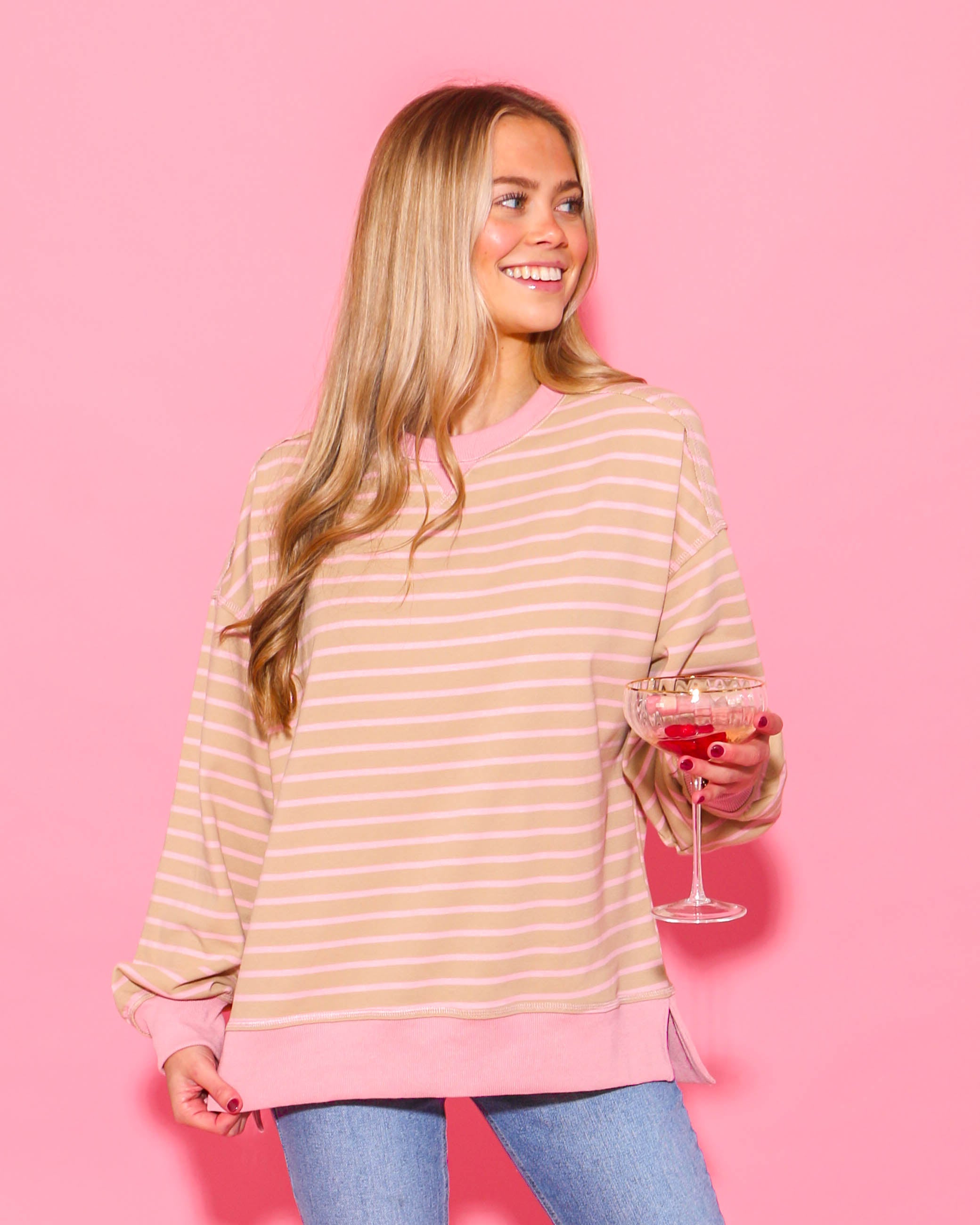 Beige & Pink Striped Pullover