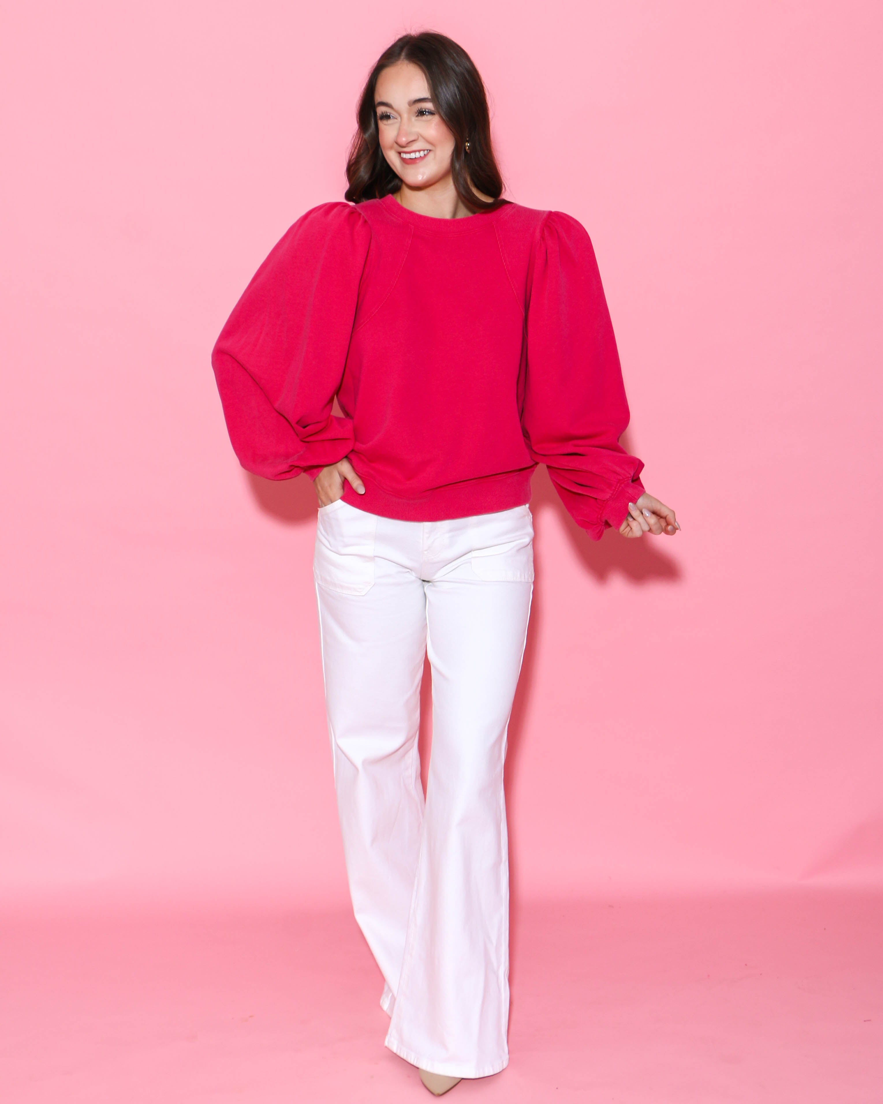 Puff Long Sleeve Sweatshirt Top in Pink