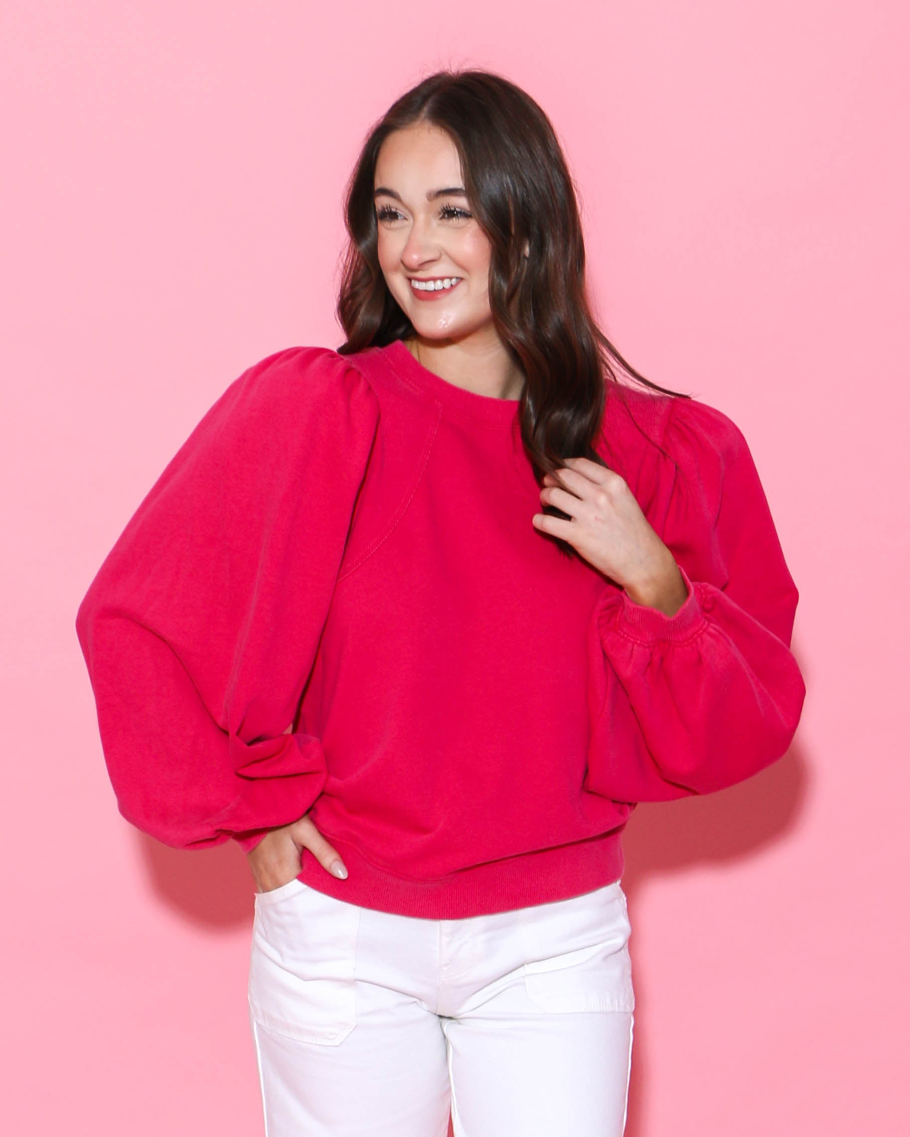 Puff Long Sleeve Sweatshirt Top in Pink